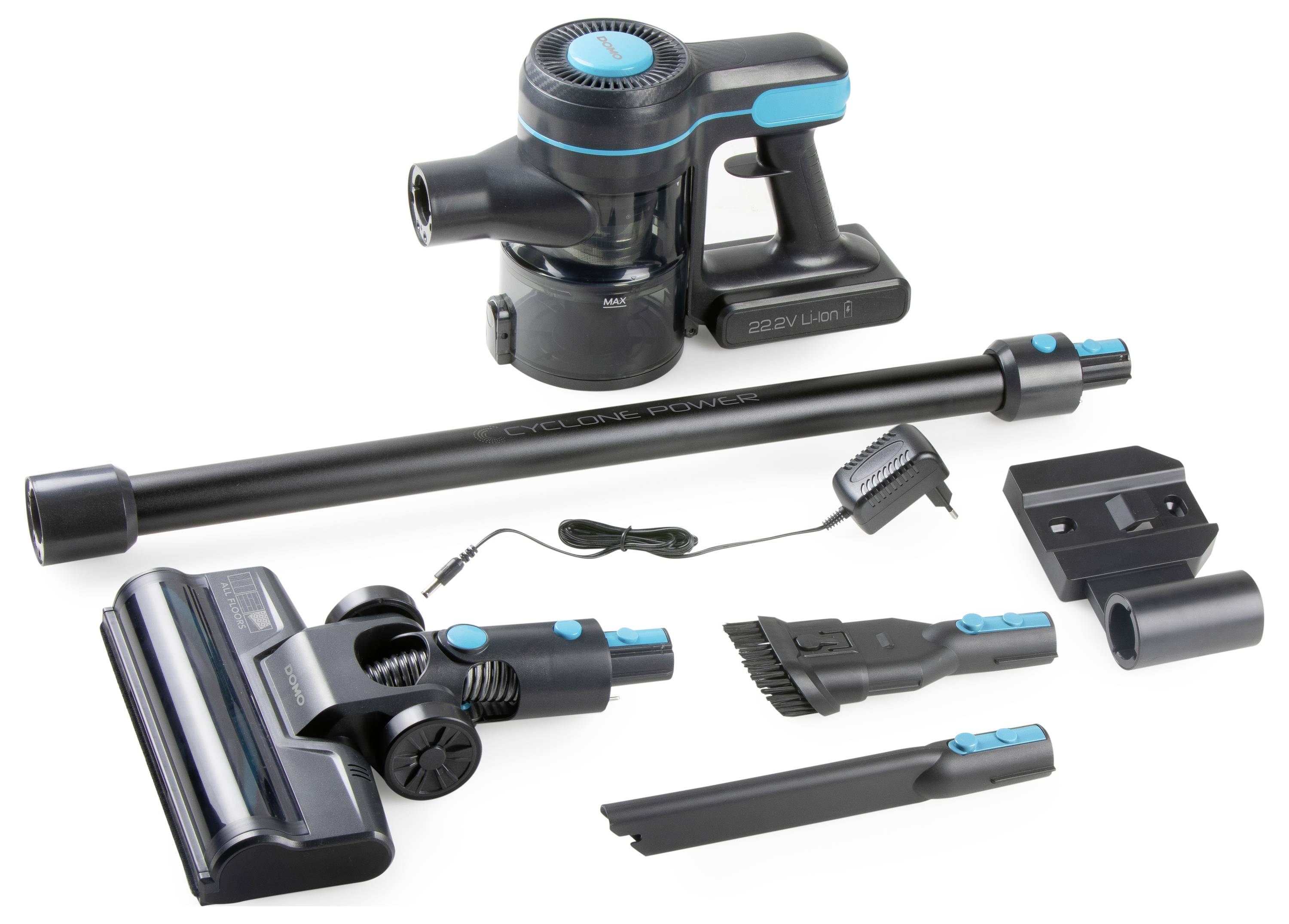 Aspirateur sans fil avec différents accessoires et chargeur, adapté au nettoyage des sols et des zones difficiles d'accès.