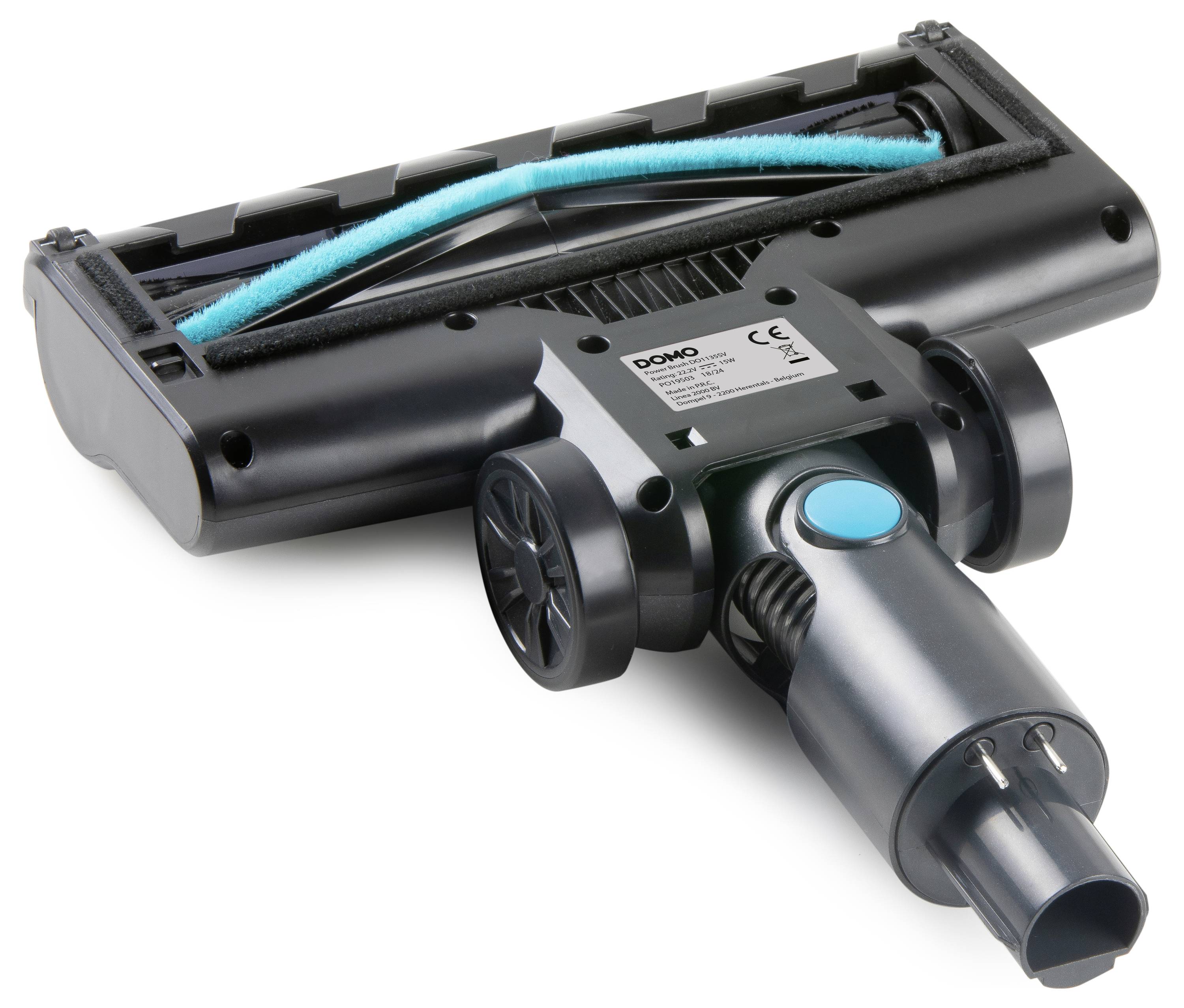 Une buse d'aspirateur avec tête de brosse rotative, adaptée aux tapis et aux sols durs. Elle a un boîtier noir avec des accents bleus.