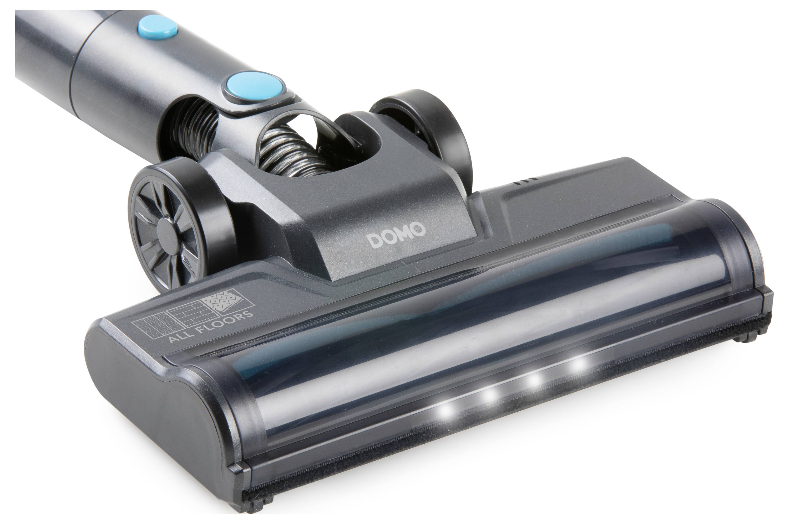 Brosse d'aspirateur avec lumières LED et l'inscription 'All Floors'. Adaptée à différents types de sols.