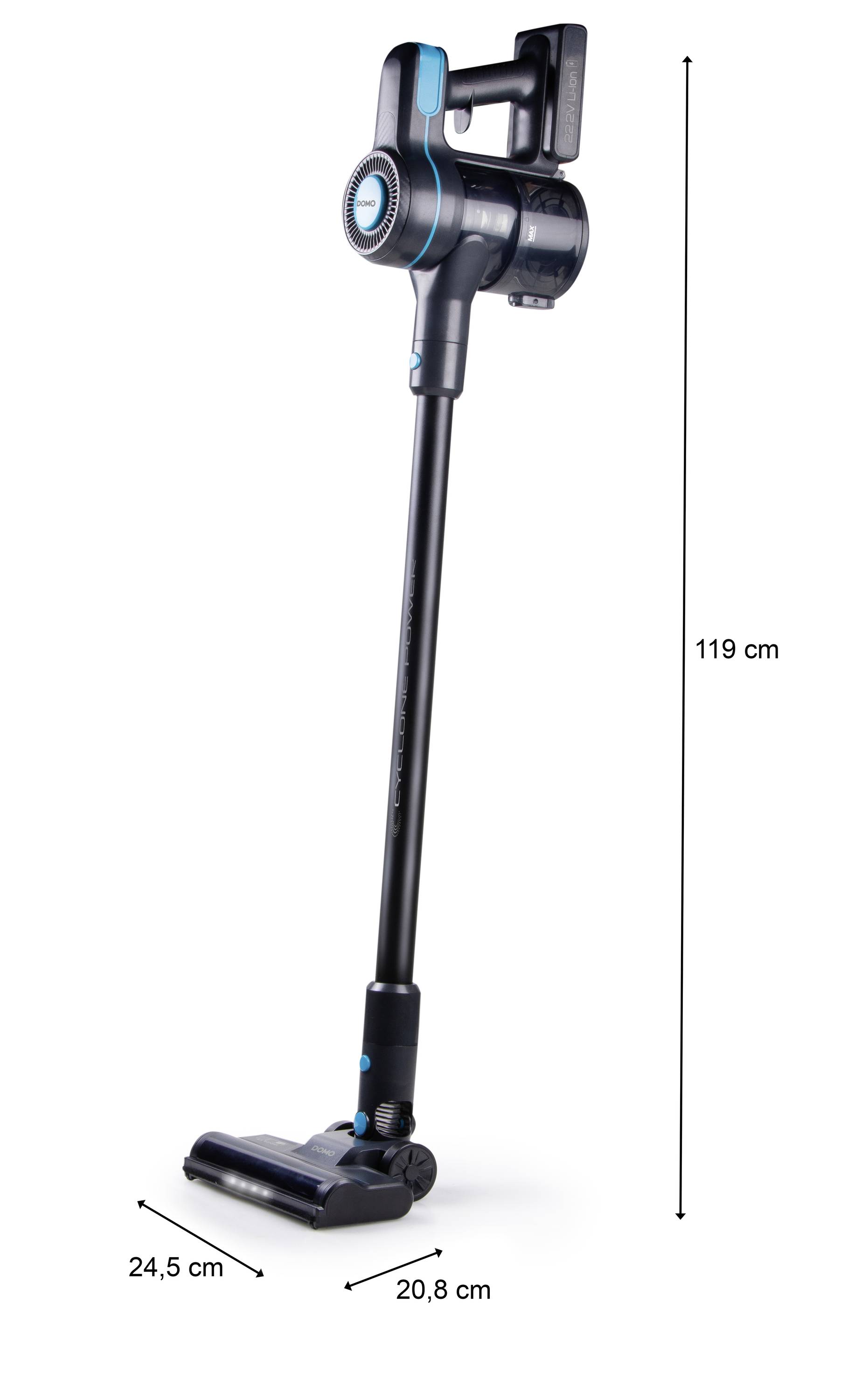Aspirateur noir sans fil, debout. Hauteur 119 cm, largeur au niveau de la buse 20,8 cm, profondeur 24,5 cm.