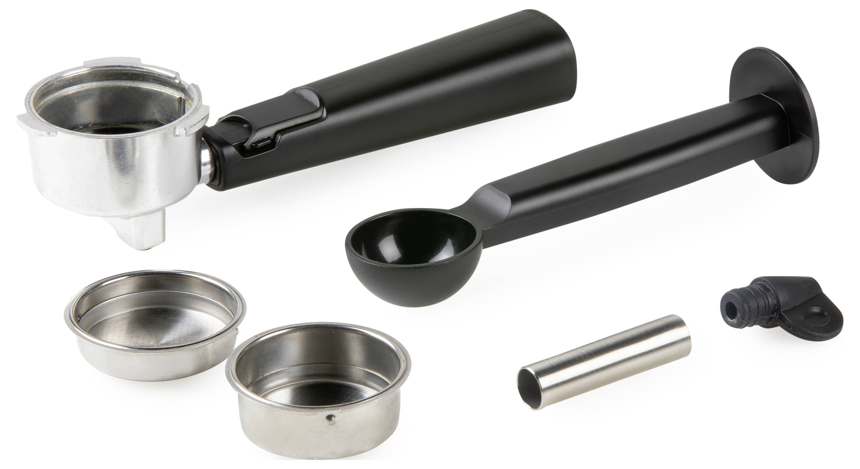 Accessoires pour machine à espresso : Porte-filtre noir, deux paniers filtrants, cuillère à café avec manche noir, tube métallique et valve en caoutchouc.