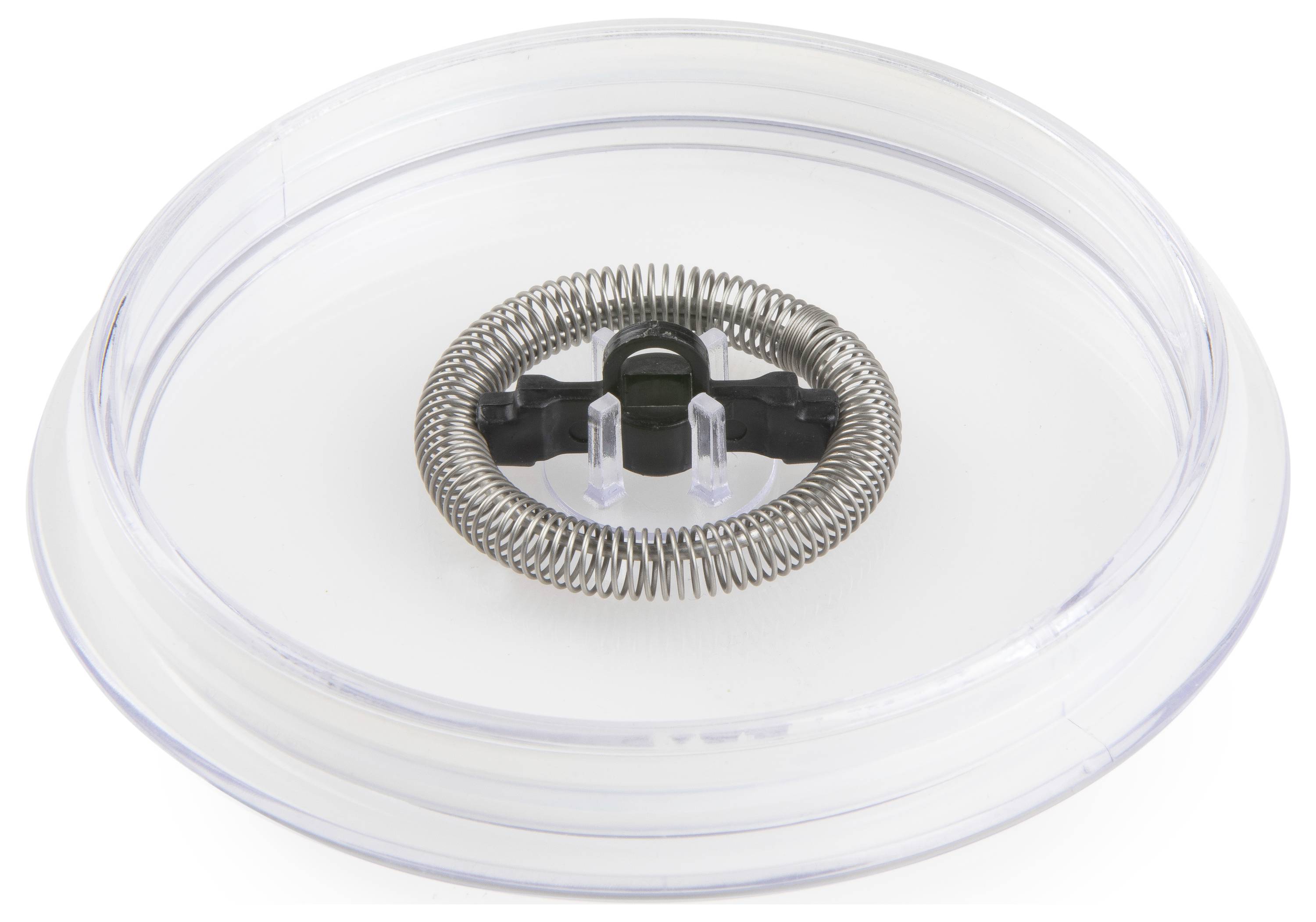 Un couvercle transparent avec une spirale métallique intégrée sur sa face intérieure, probablement une pièce d'un appareil de cuisine.