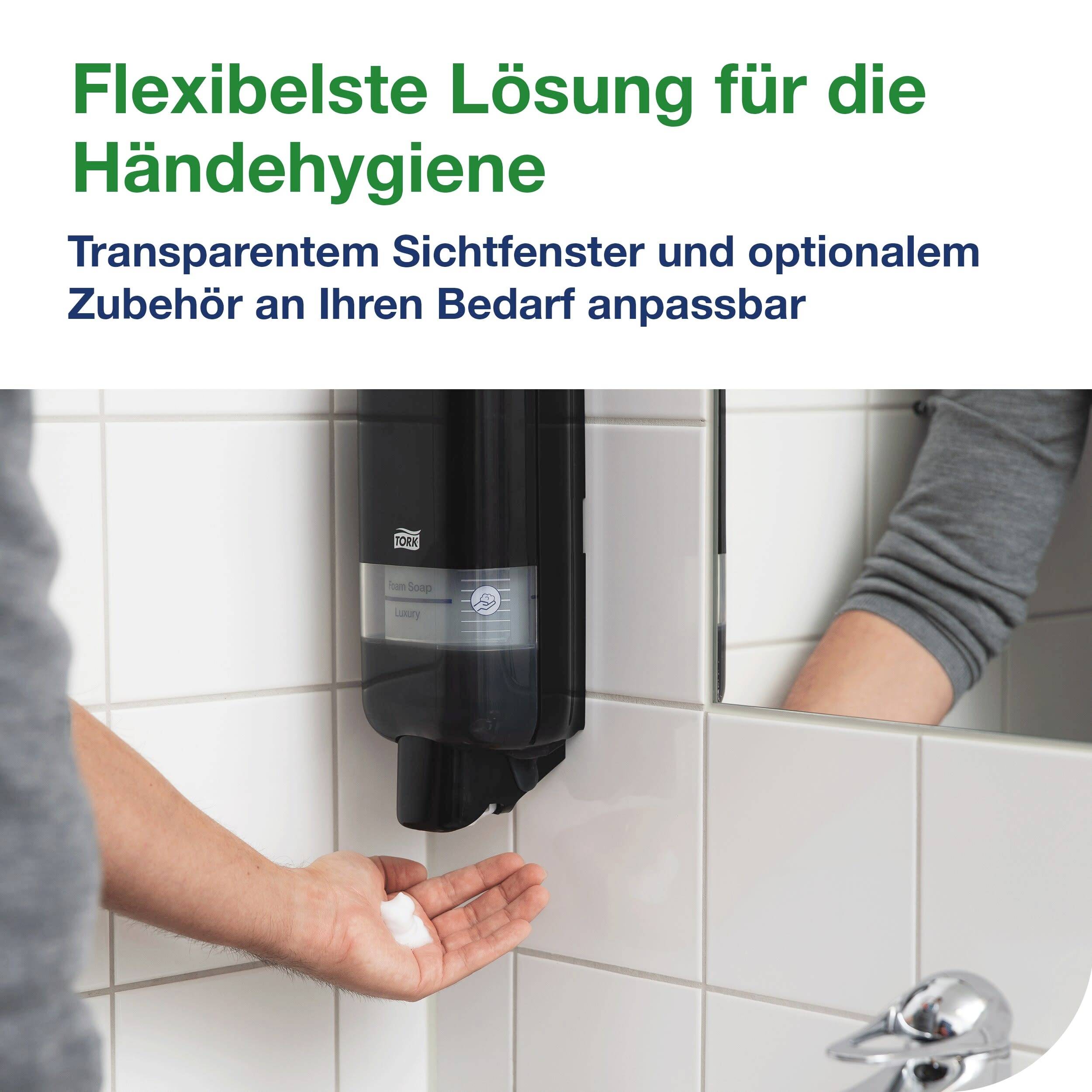 Un distributeur de désinfectant pour les mains, convivial avec une fenêtre transparente, montre du gel hydroalcoolique appliqué sur une main.