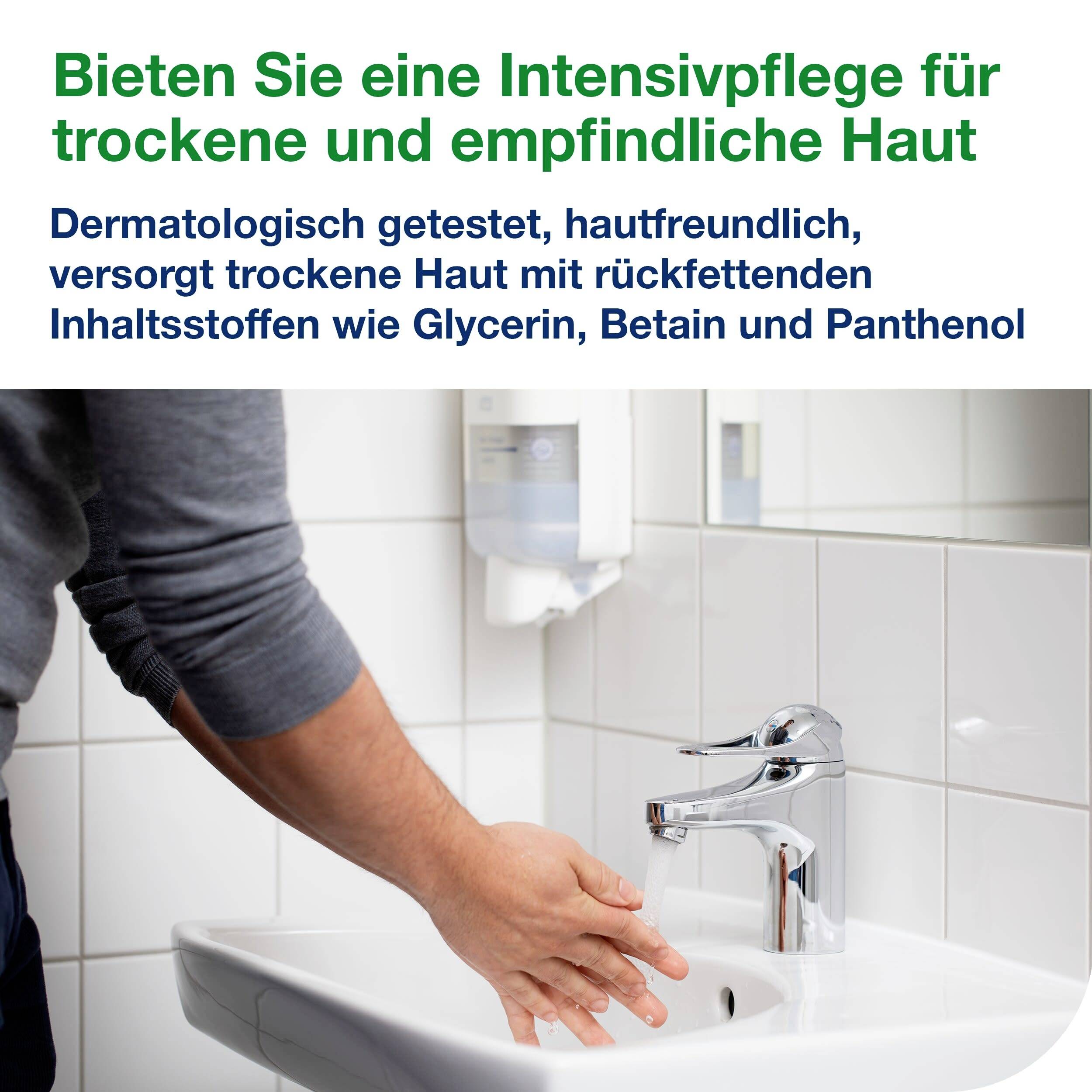 Le produit offre un soin intensif pour les peaux sèches, respectueux de la peau et testé dermatologiquement, contient du glycérine, de la bétaïne et du panthénol.