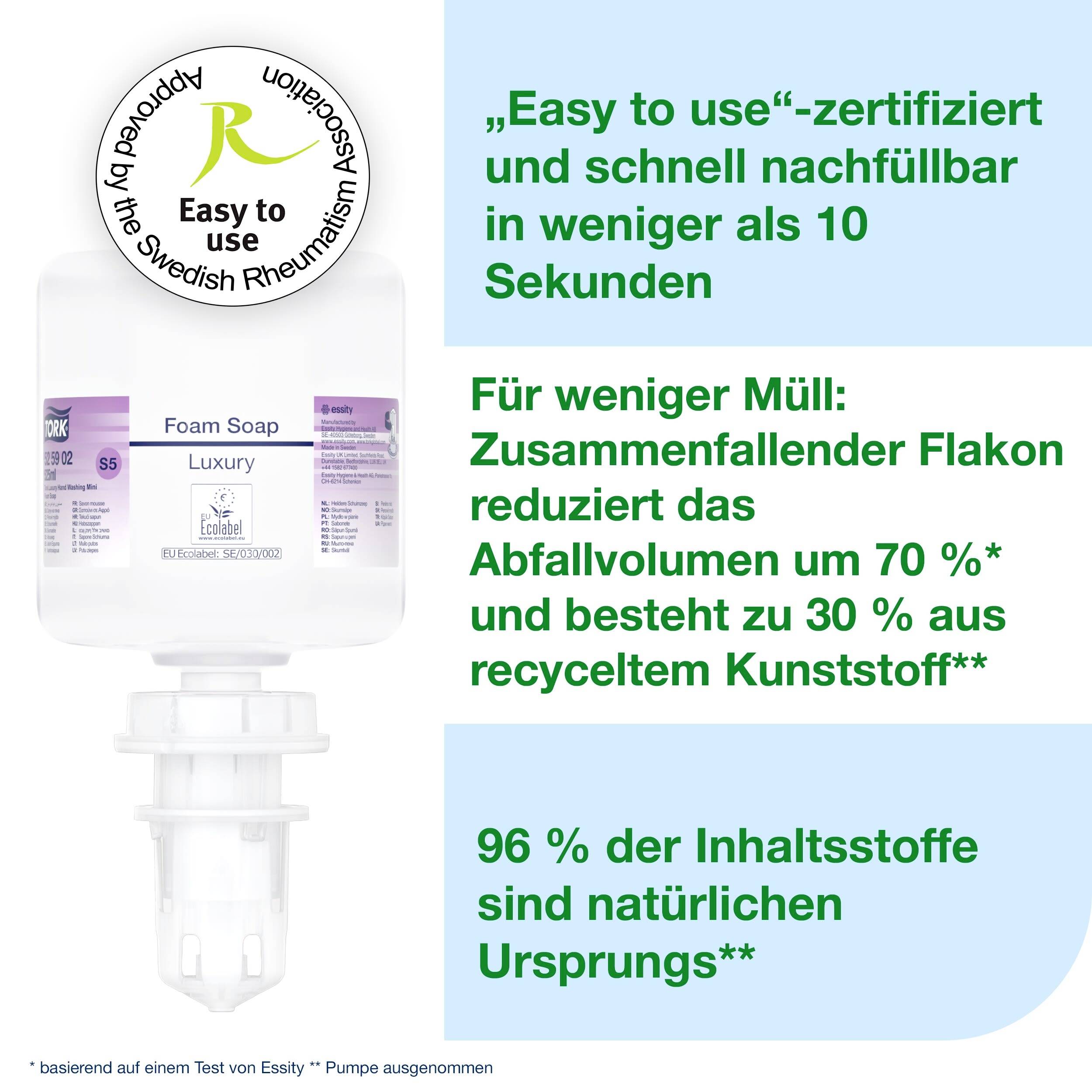Distributeur de savon liquide certifié 'Facile à utiliser', qui réduit le volume des déchets et est composé à 30 % de plastique recyclé.