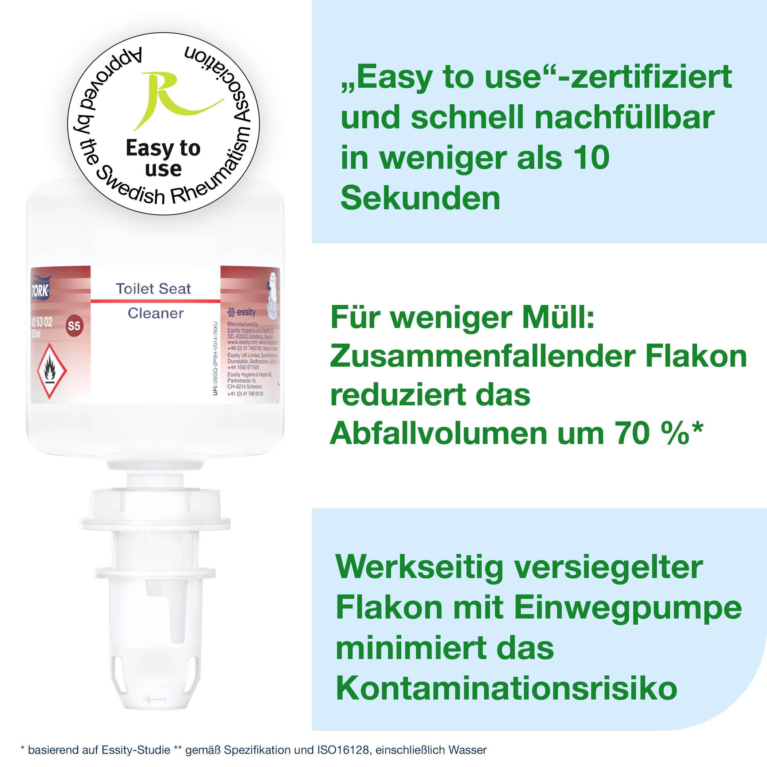 Une bouteille de nettoyant pour siège de toilettes avec le certificat « Facile à utiliser ». Texte : « Pour moins de déchets : le flacon réduit le volume de déchets de 70 % ».