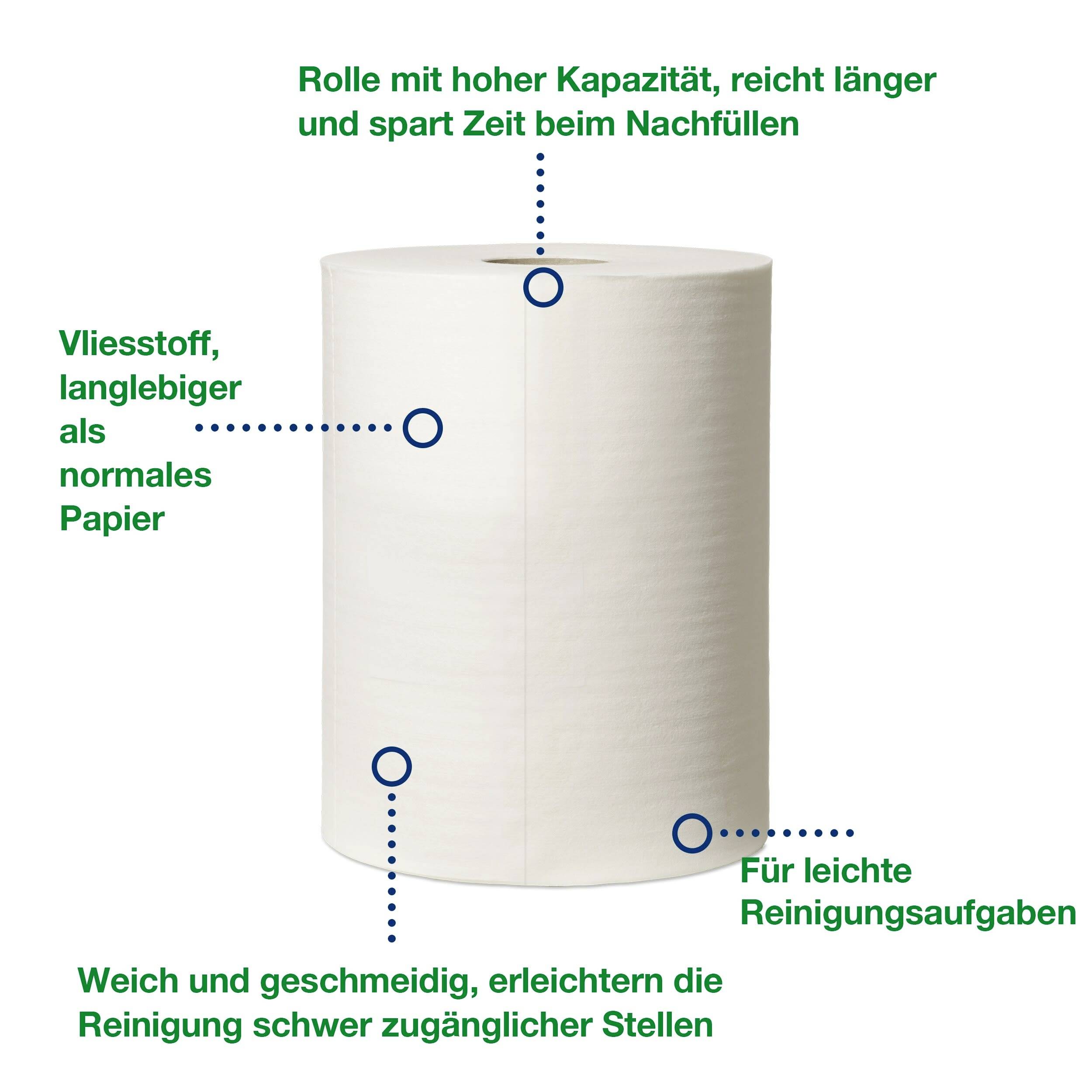 Rouleau à forte capacité en non-tissé, plus durable que le papier standard, économise du temps lors du remplacement, idéal pour les tâches de nettoyage.