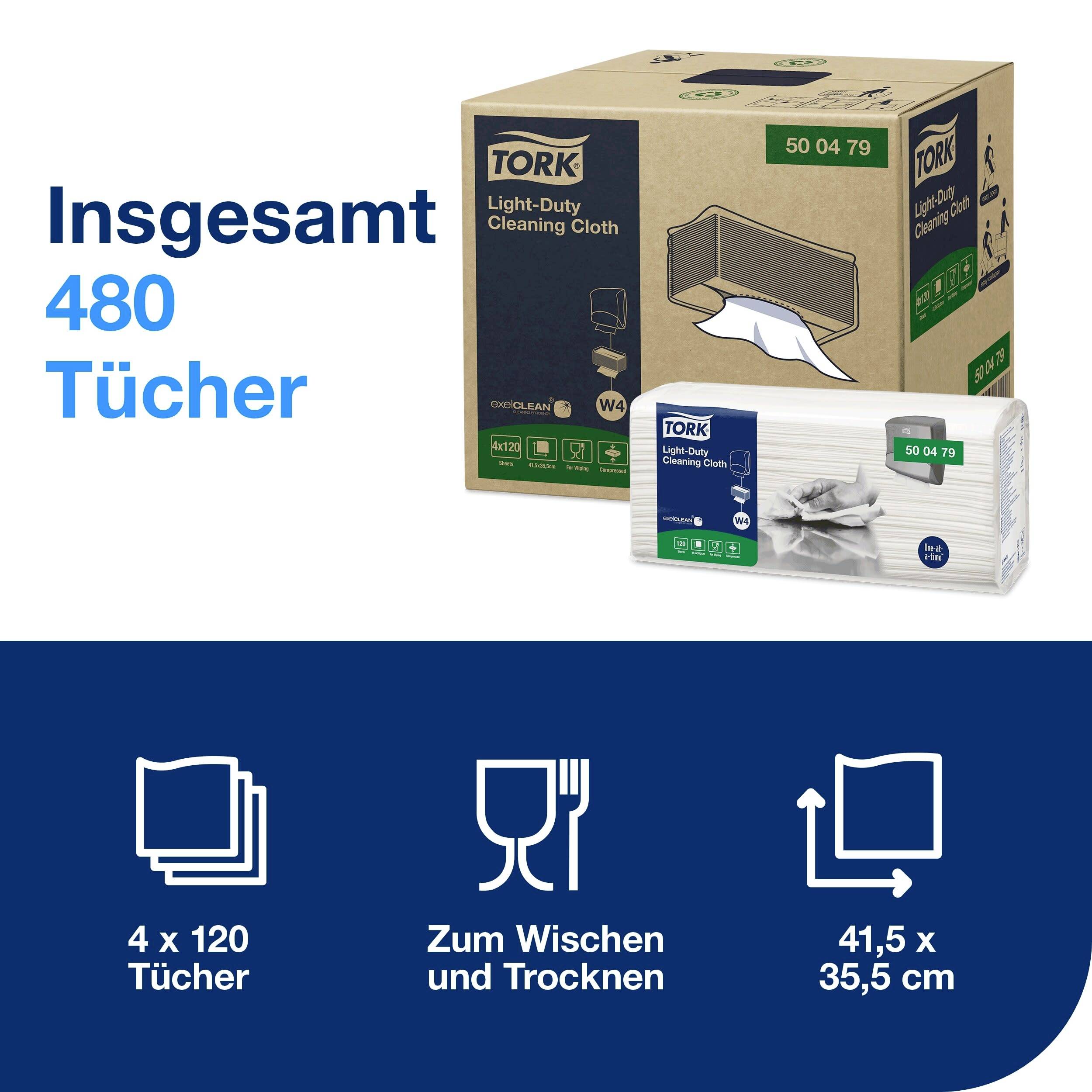 Boîte en carton et paquet de mouchoirs de Tork. Au total 480 pièces, en 4 paquets de 120 mouchoirs chacun, dimensions 41,5 x 35,5 cm. Pour essuyer et sécher.