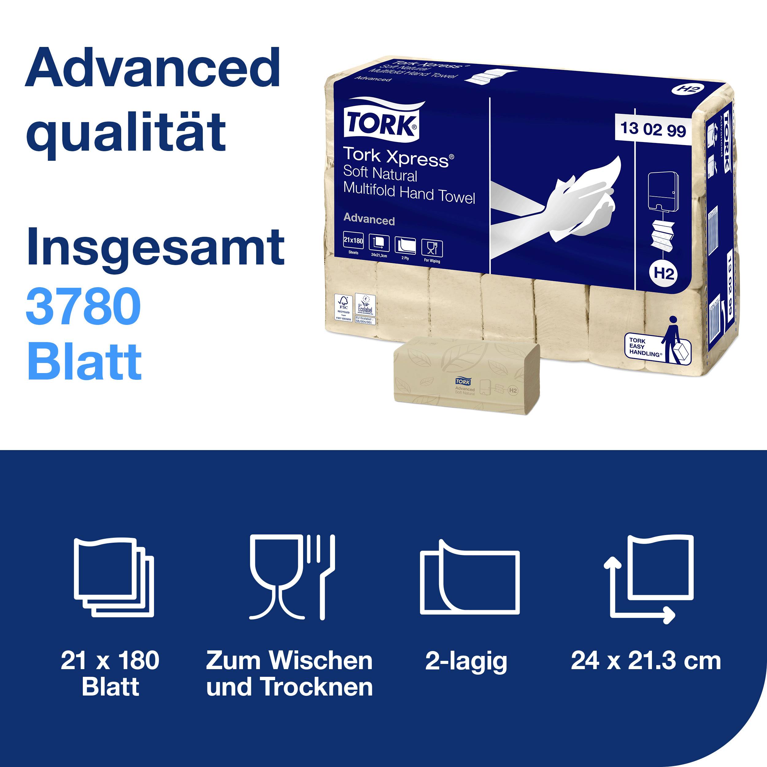 Essuie-papier Tork Xpress, qualité douce, 21 x 180 feuilles, 2 plis, 24 x 21,3 cm. Adapté pour le lavage et le séchage des mains.