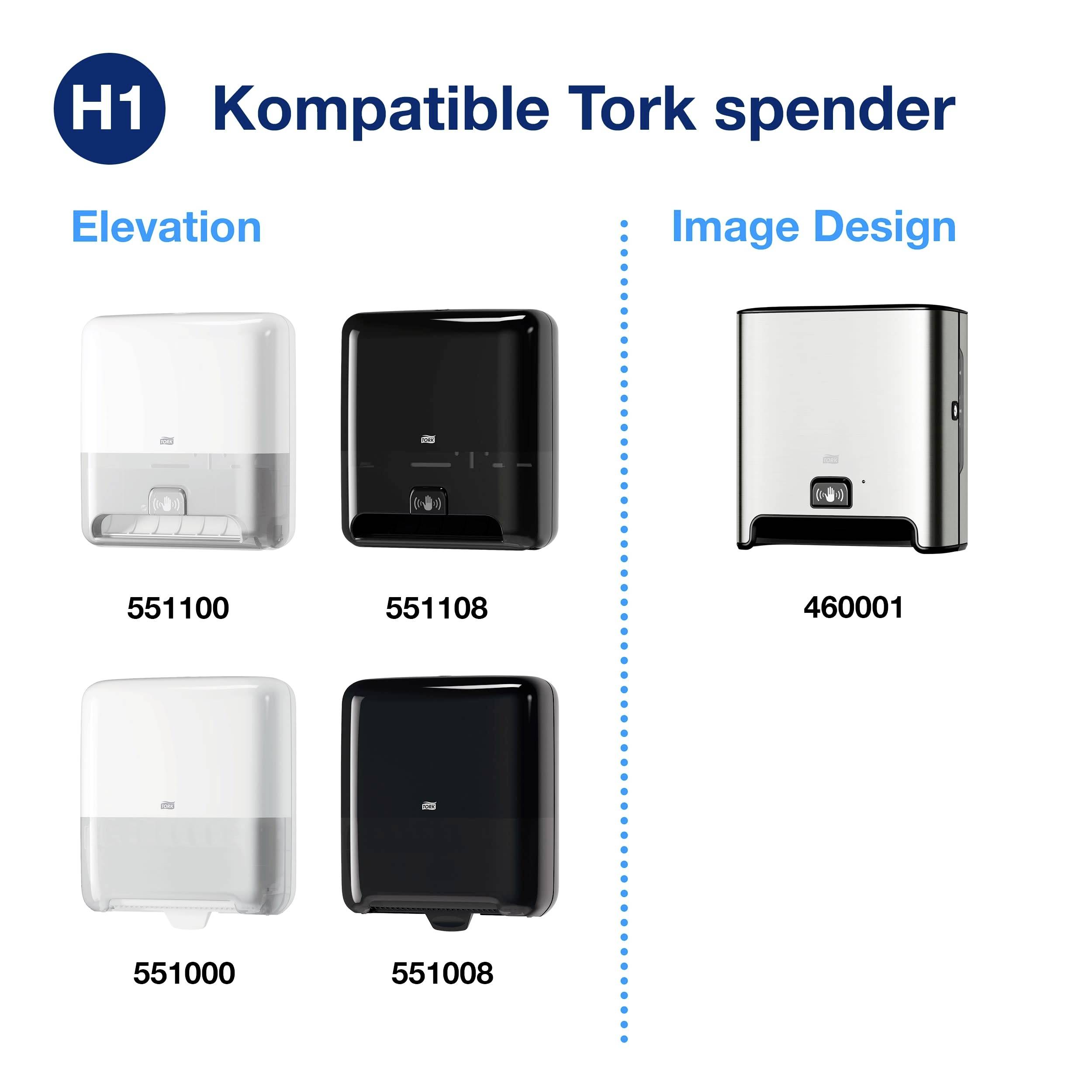 Distributeurs compatibles Tork : Modèles Elevation 551100 (blanc), 551108 (noir). Modèle Image Design 460001 (argent).
