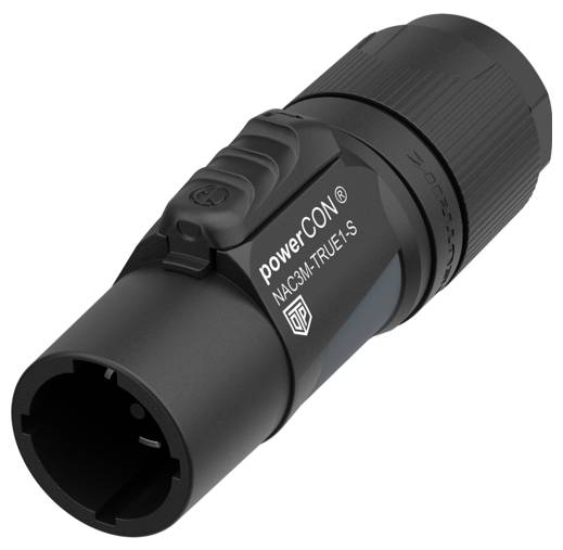 Un connecteur PowerCON noir avec l'étiquette 'NAC3M-TRUE1-S'. Utilisé dans les applications audio/vidéo pour une connexion électrique sécurisée.
