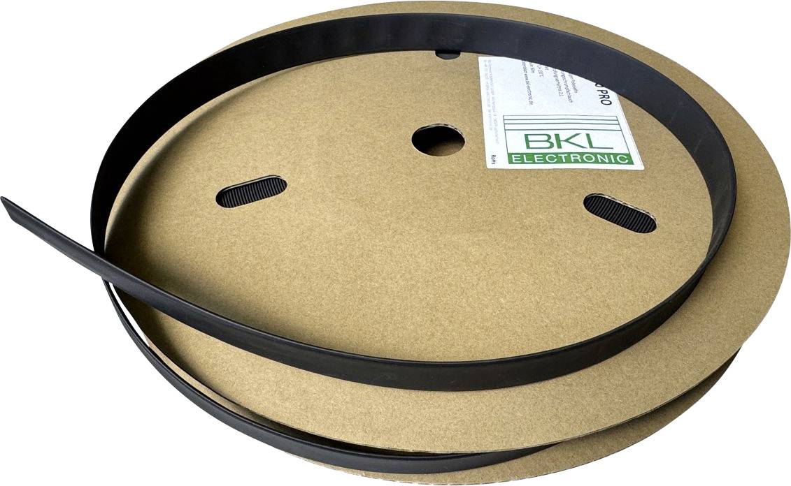 Un grand rouleau avec un ruban noir, sur un noyau en carton. Une étiquette affiche le logo et le nom 'BKL Electronic'.