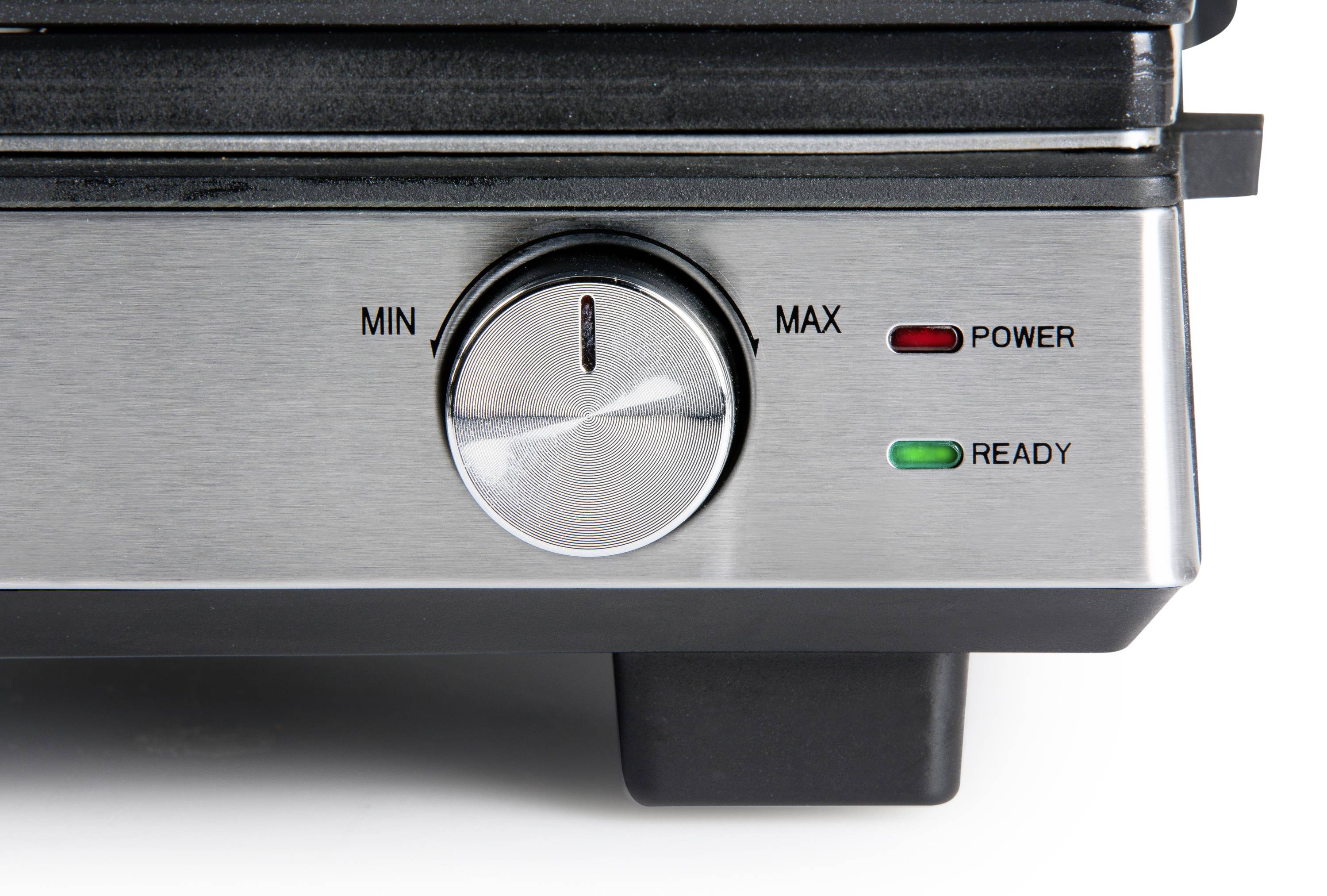 L'image montre un grill électrique avec un bouton rotatif de réglage de la température et deux voyants lumineux : 'POWER' en rouge et 'READY' en vert.