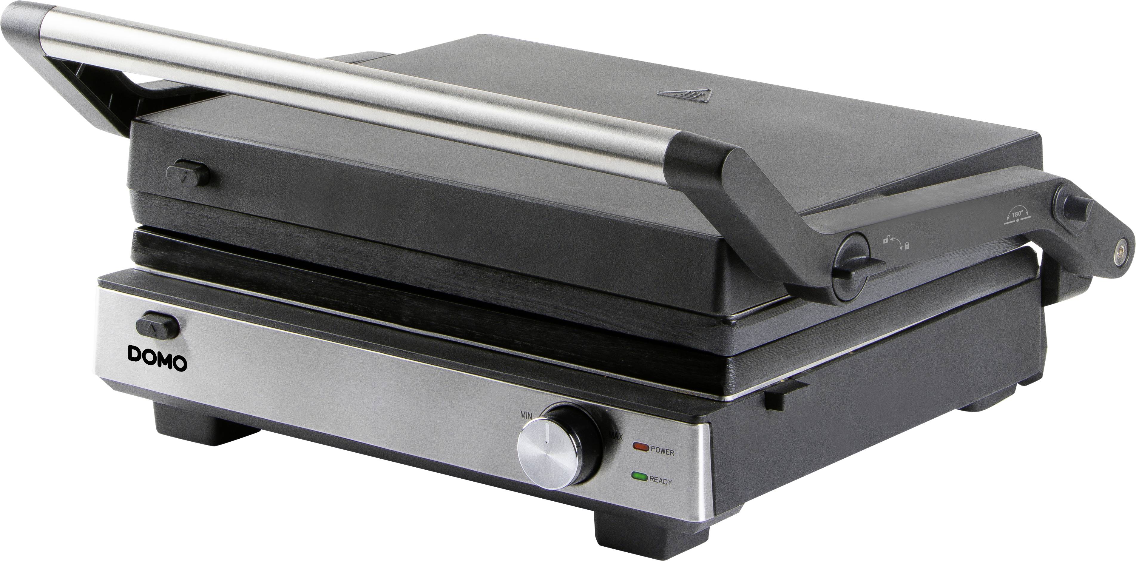 Grill de contact avec boîtier en acier inoxydable, régulateur de température rotatif et témoins lumineux.