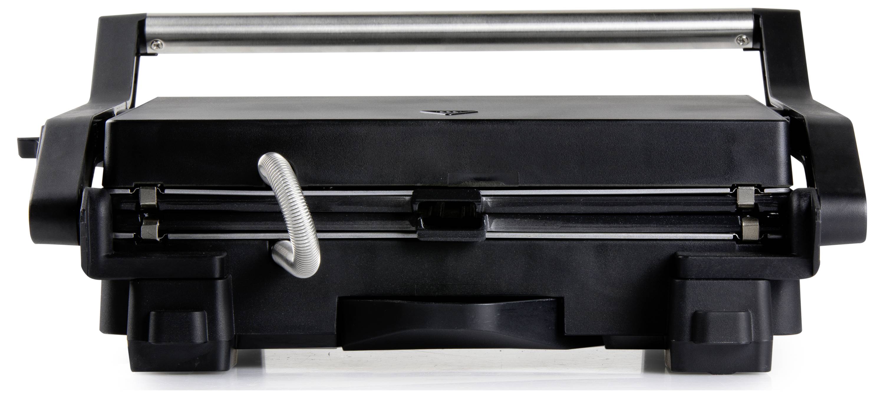 Un grill de contact fermé noir avec une poignée en acier inoxydable, adapté pour griller différents aliments dans la cuisine.