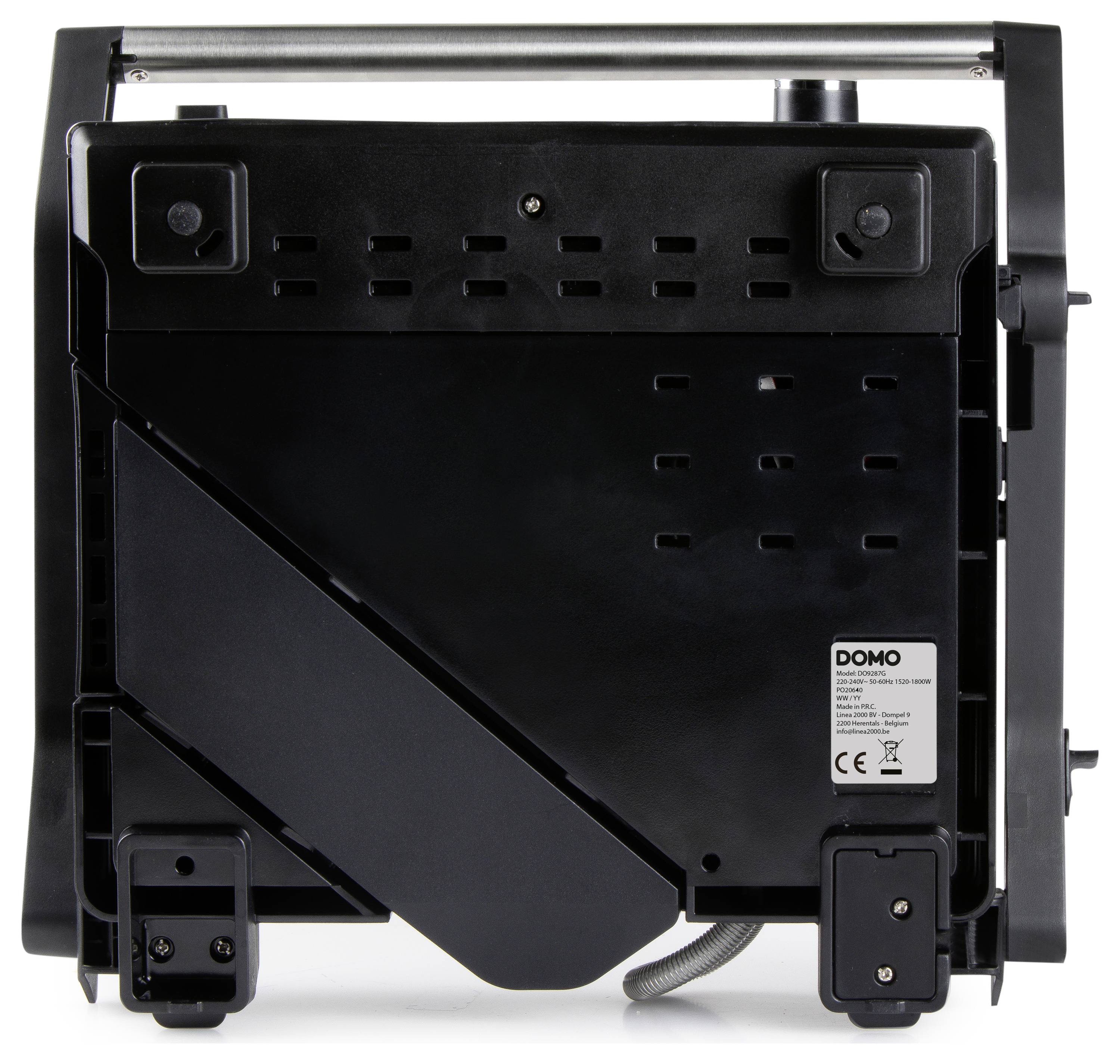 Vue arrière d'un appareil électronique noir avec une étiquette dans le coin inférieur droit, montrant des fentes de ventilation et deux pieds carrés.