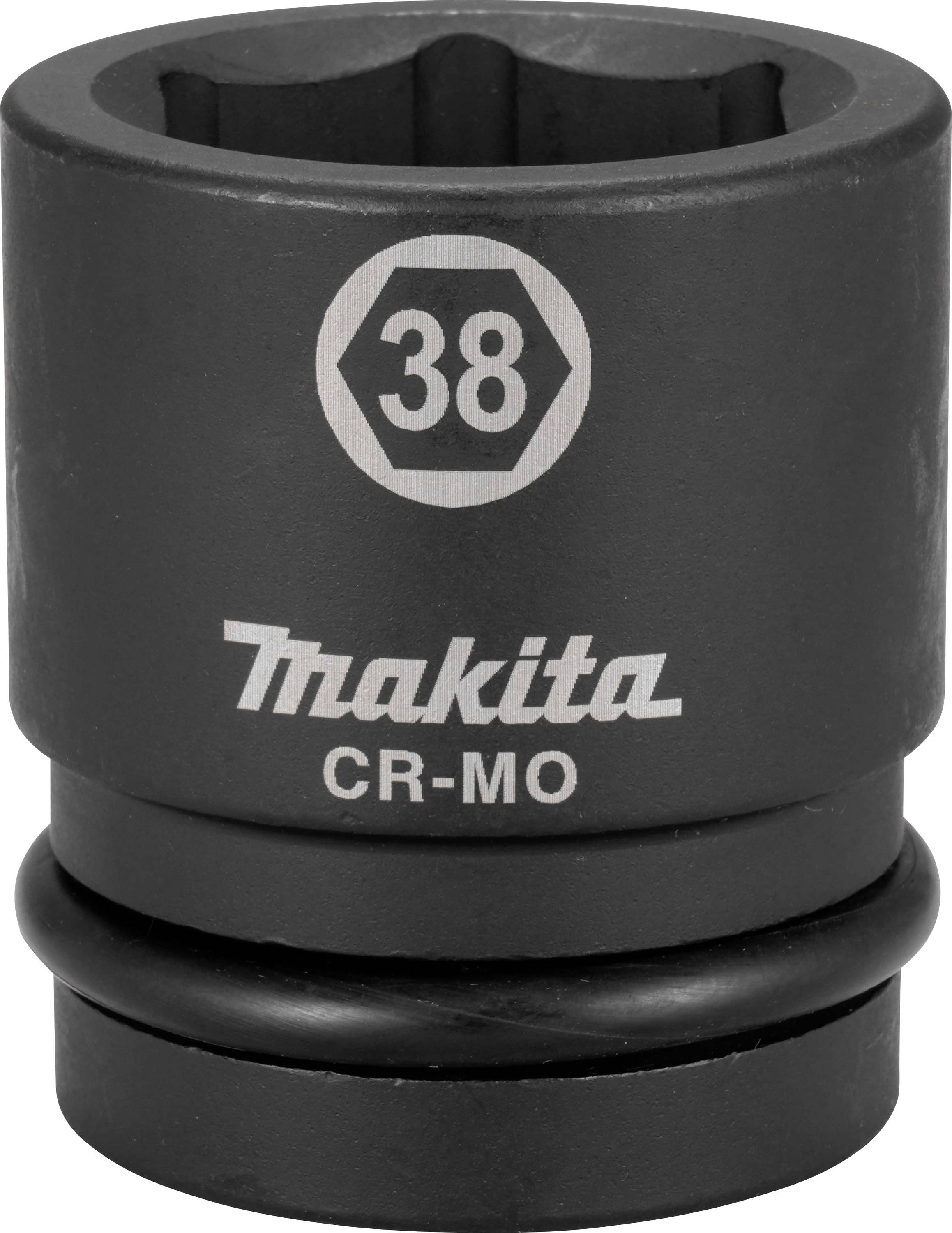 Noix de serrage grise et noire portant l'inscription '38' pour la taille et 'Makita CR-MO' pour la marque et le matériau.