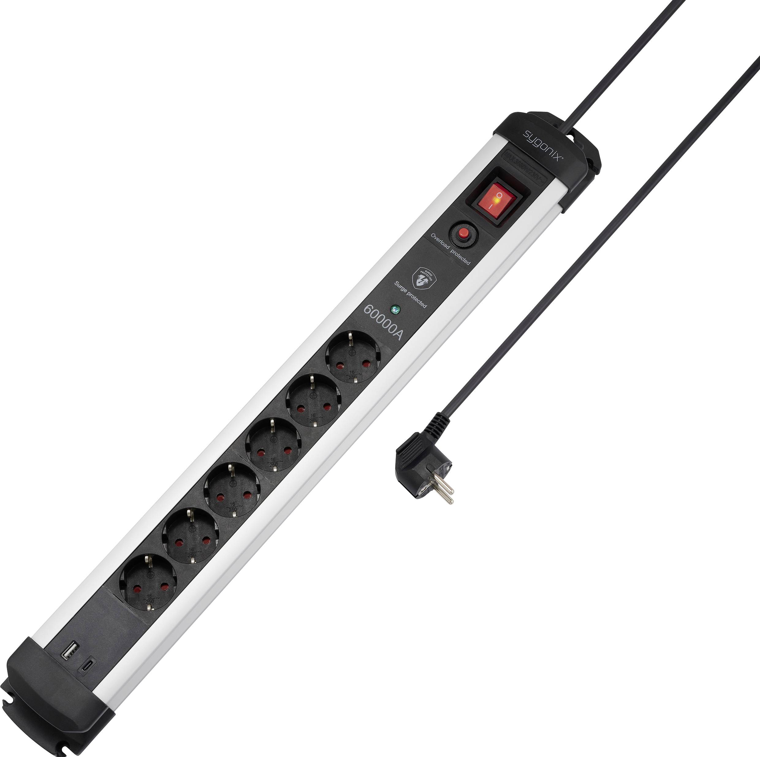 Multiprise avec parafoudre Sygonix SY-6805674 x6 noir, Silver contact de protection 1 pc(s)