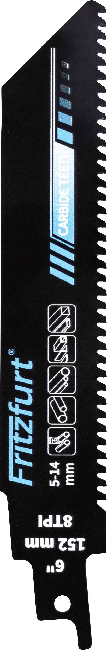 « Une lame de scie alternative Fitzfur ; conception pour coupe de métal, 152 mm, 9 TPI, graphiques bleus et blancs sur fond noir. »