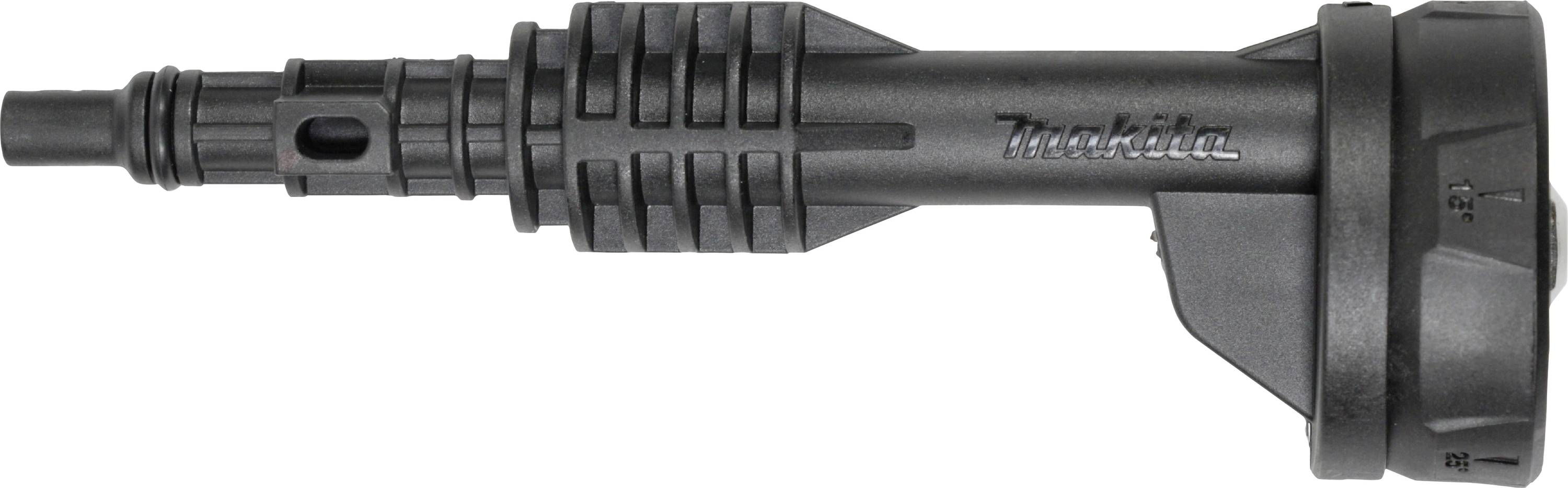 Un accessoire noir pour un nettoyeur haute pression, fabriqué par la marque Makita, avec une surface compressée et striée.