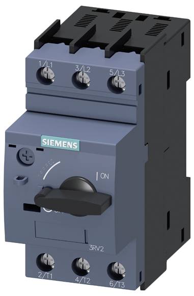 Un disjoncteur bleu de Siemens avec un commutateur rotatif noir. Des bornes métalliques sont situées en haut de l'appareil.