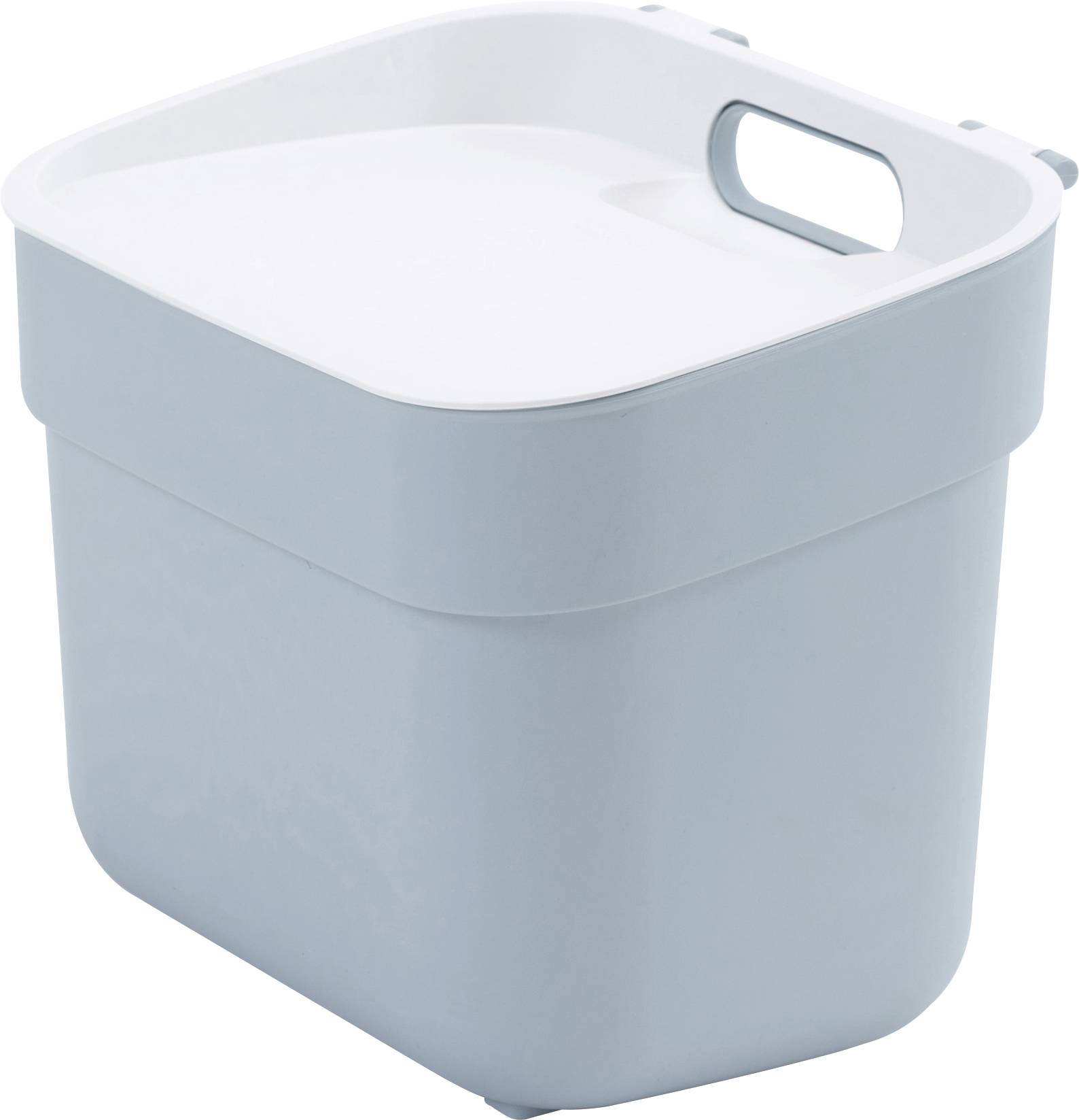 Récipient carré bleu clair avec un couvercle blanc et une poignée, adapté au rangement d'objets.