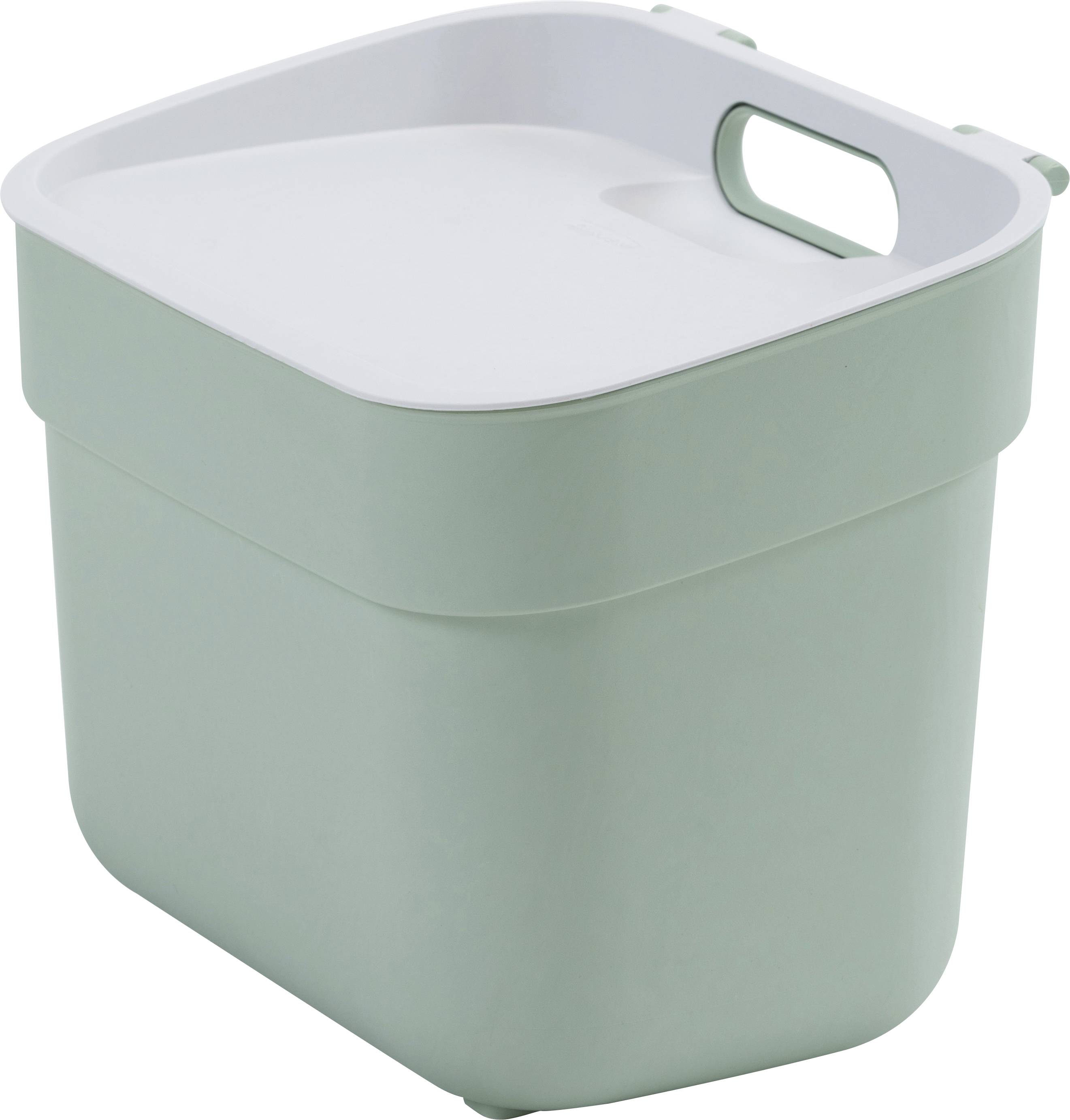 Une poubelle carrée verte avec un couvercle blanc et une poignée sur le côté. Adaptée à une utilisation intérieure.