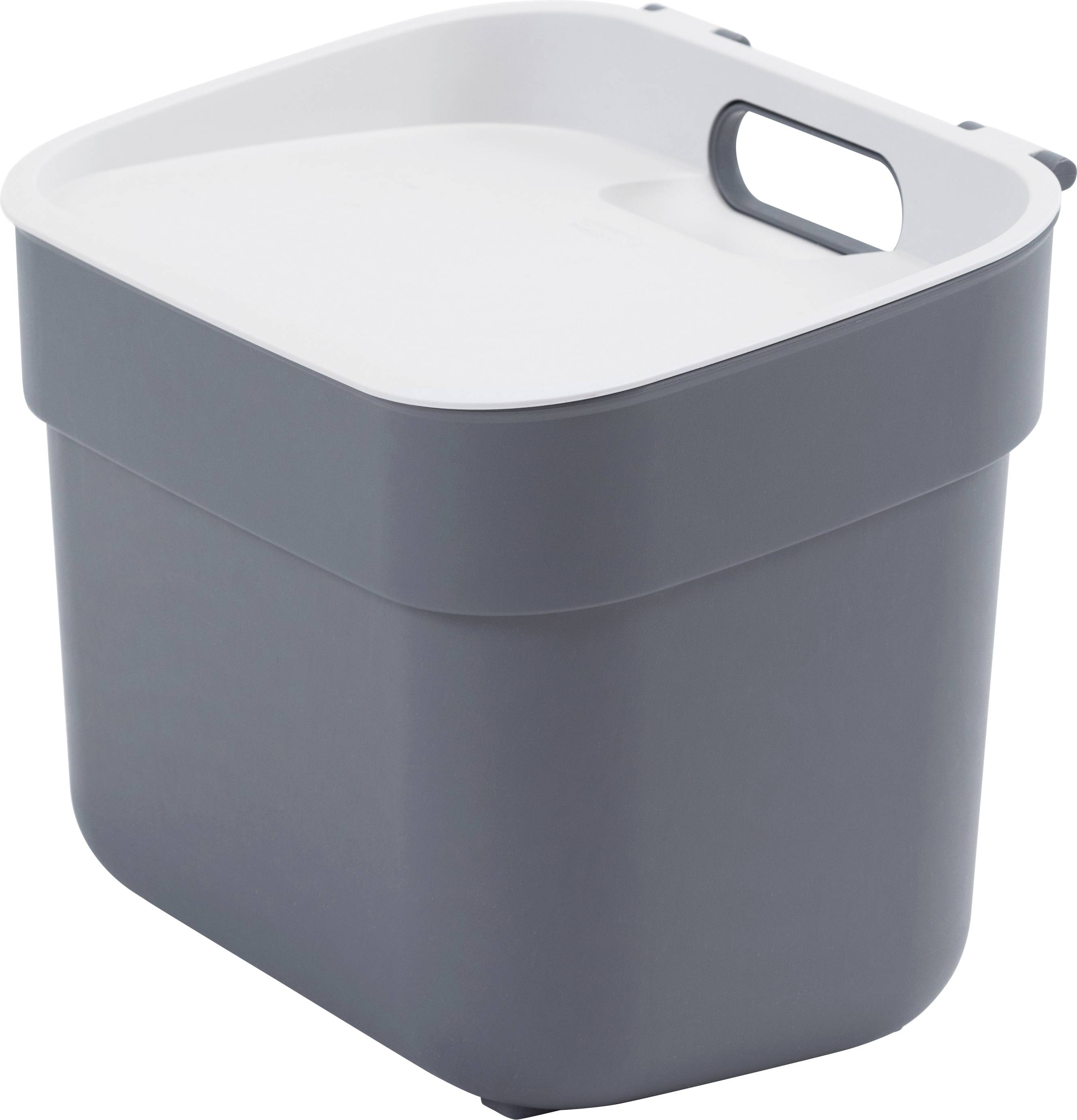 Boîte de rangement grise rectangulaire avec couvercle blanc et poignée intégrée, adaptée à une utilisation polyvalente.