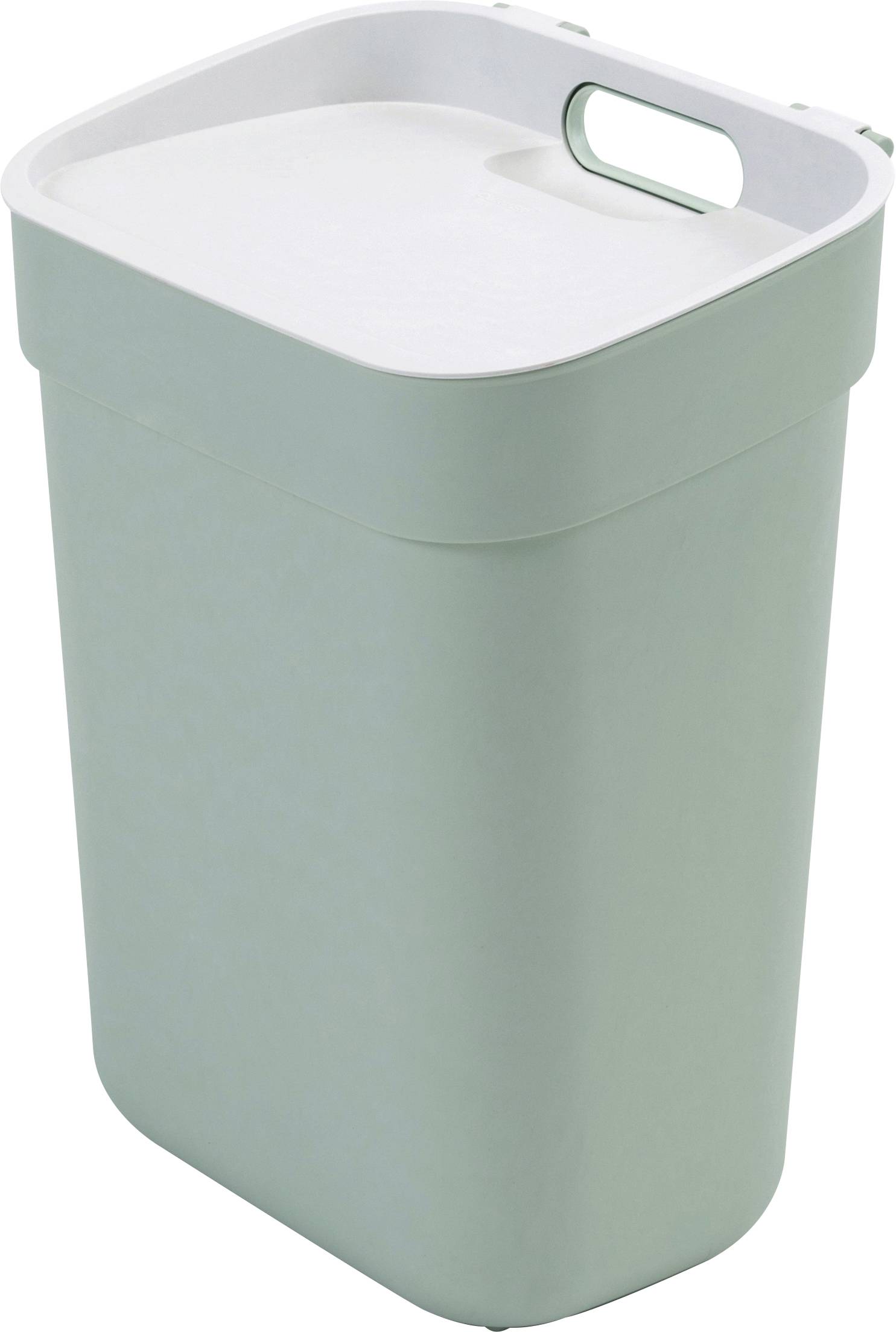 Une poubelle carrée de couleur vert menthe, dotée d'un couvercle et d'une poignée.