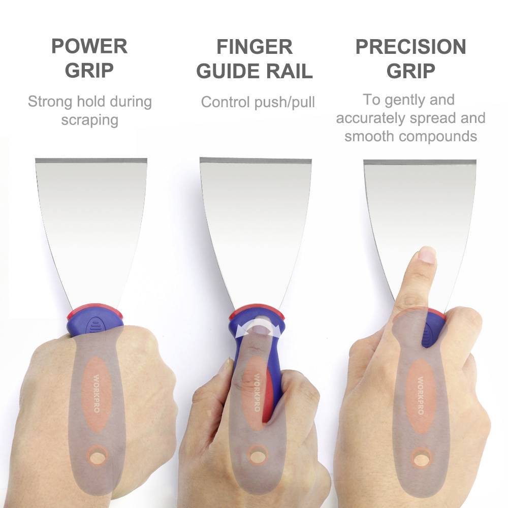 Trois spatules côte à côte avec différentes poignées : Poignée de Puissance pour gratter avec force, Rails de Guidage pour les Doigts pour un contrôle précis, Prise de Précision pour lisser finement et uniformément.