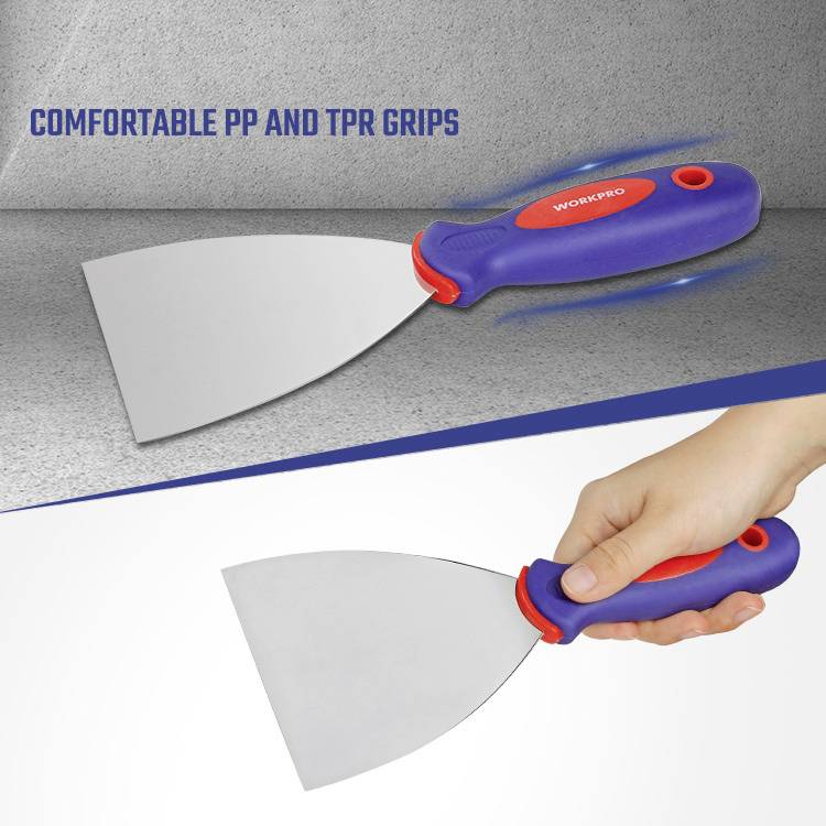 Une main tient une spatule bleue avec une poignée rouge, décrite comme une 'poignée confortable en PP et TPR'.