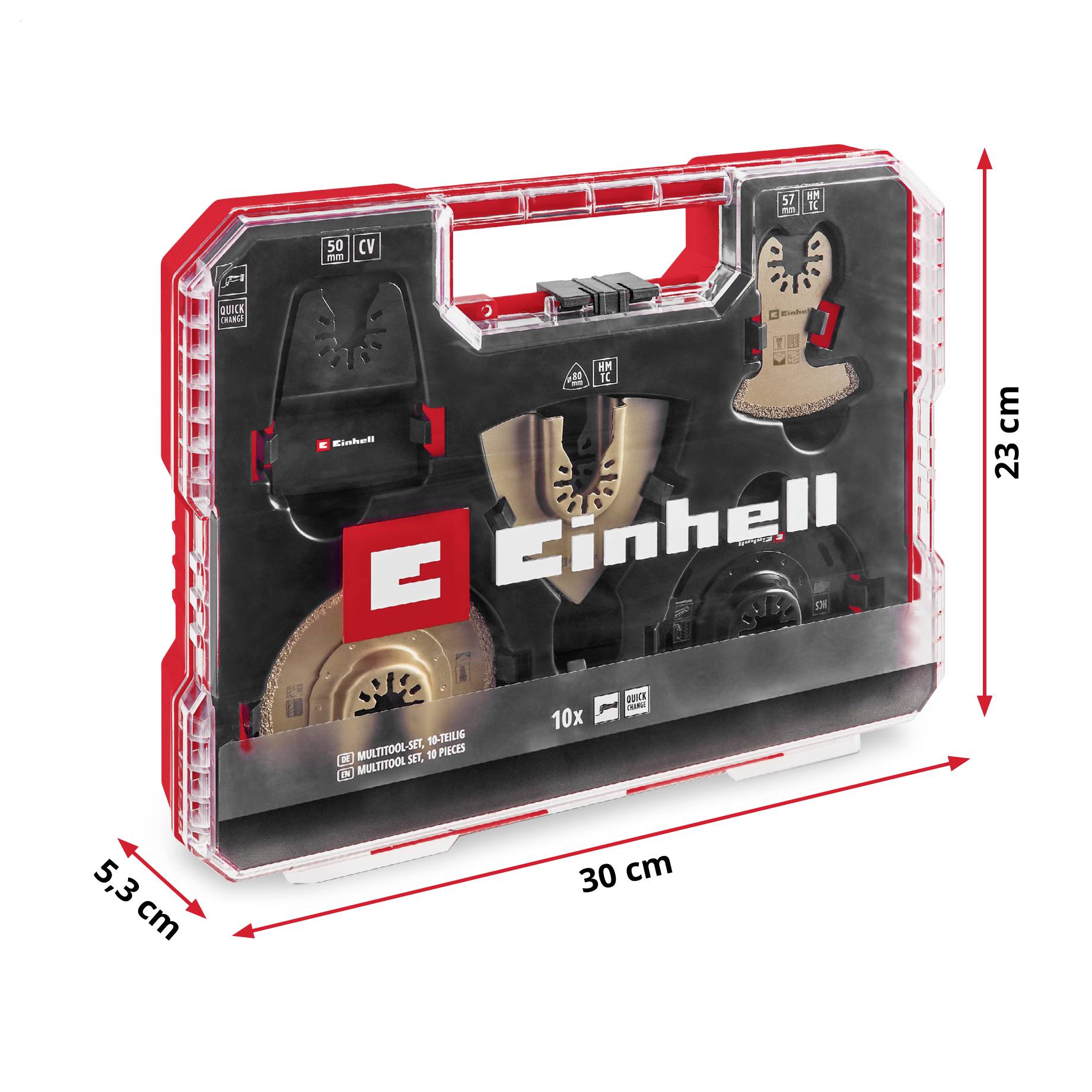 Un ensemble d'outils dans une mallette en plastique rouge, 30 x 23 x 5,3 cm. Contient des accessoires pour les multiutils Einhell.