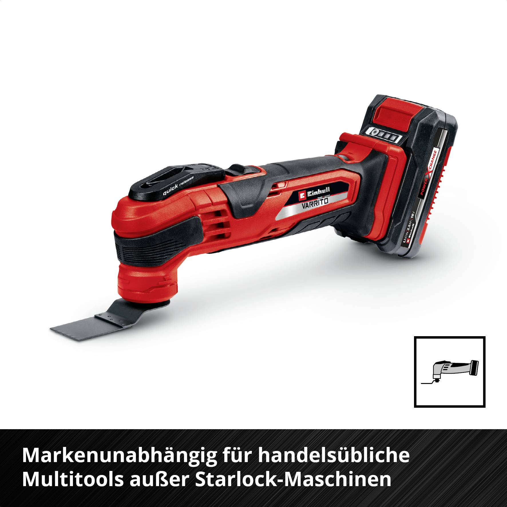 Un outil multifonction rouge et noir avec batterie et accessoire. Texte : 'Compatible avec les multitools de marques courantes, sauf les machines Starlock'.