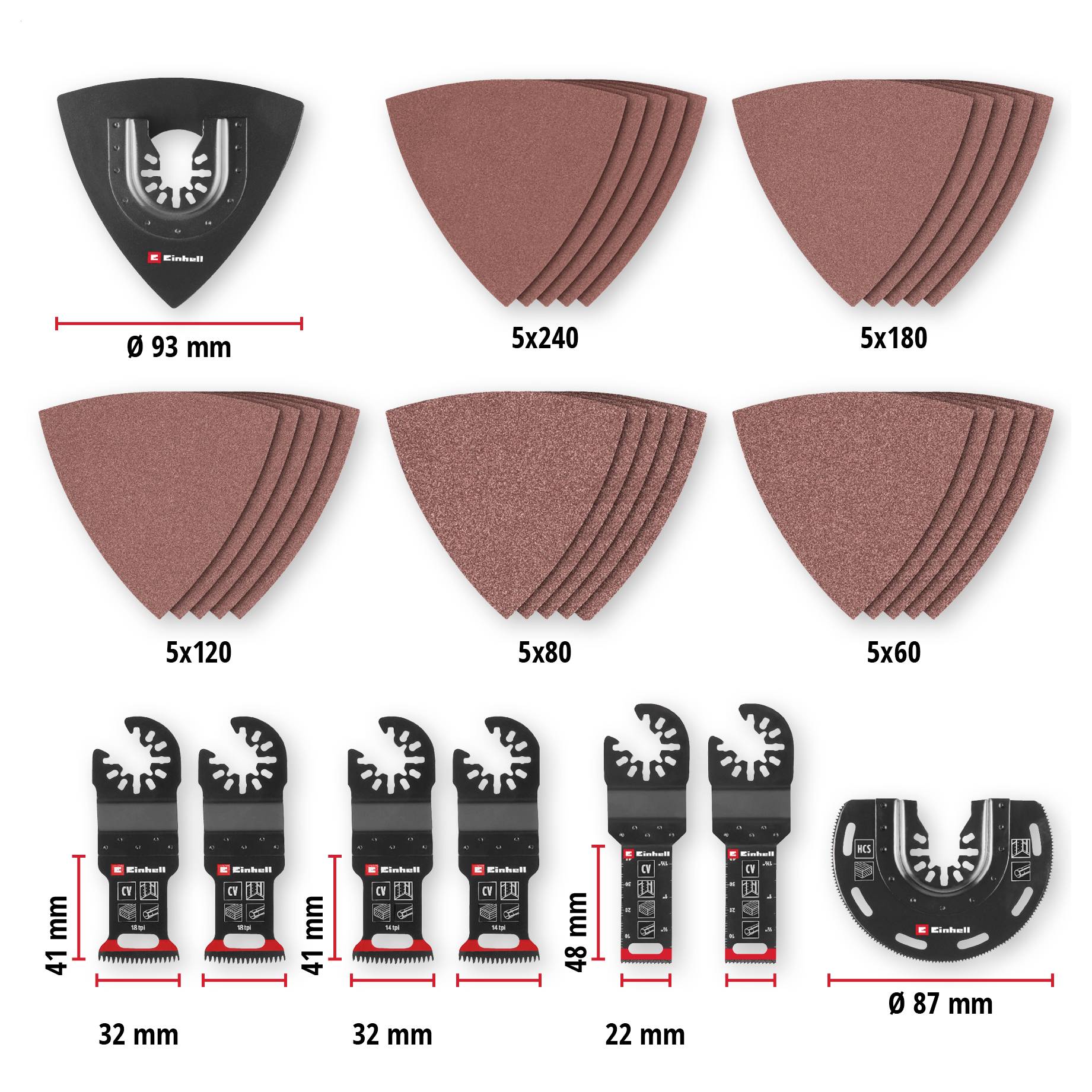 Ensemble de papier abrasif et de lames de scie 'Einhell'. L'ensemble contient 5 papiers abrasifs de granulométrie 240, 180, 120, 80, 60 et des lames de scie avec dimensions.