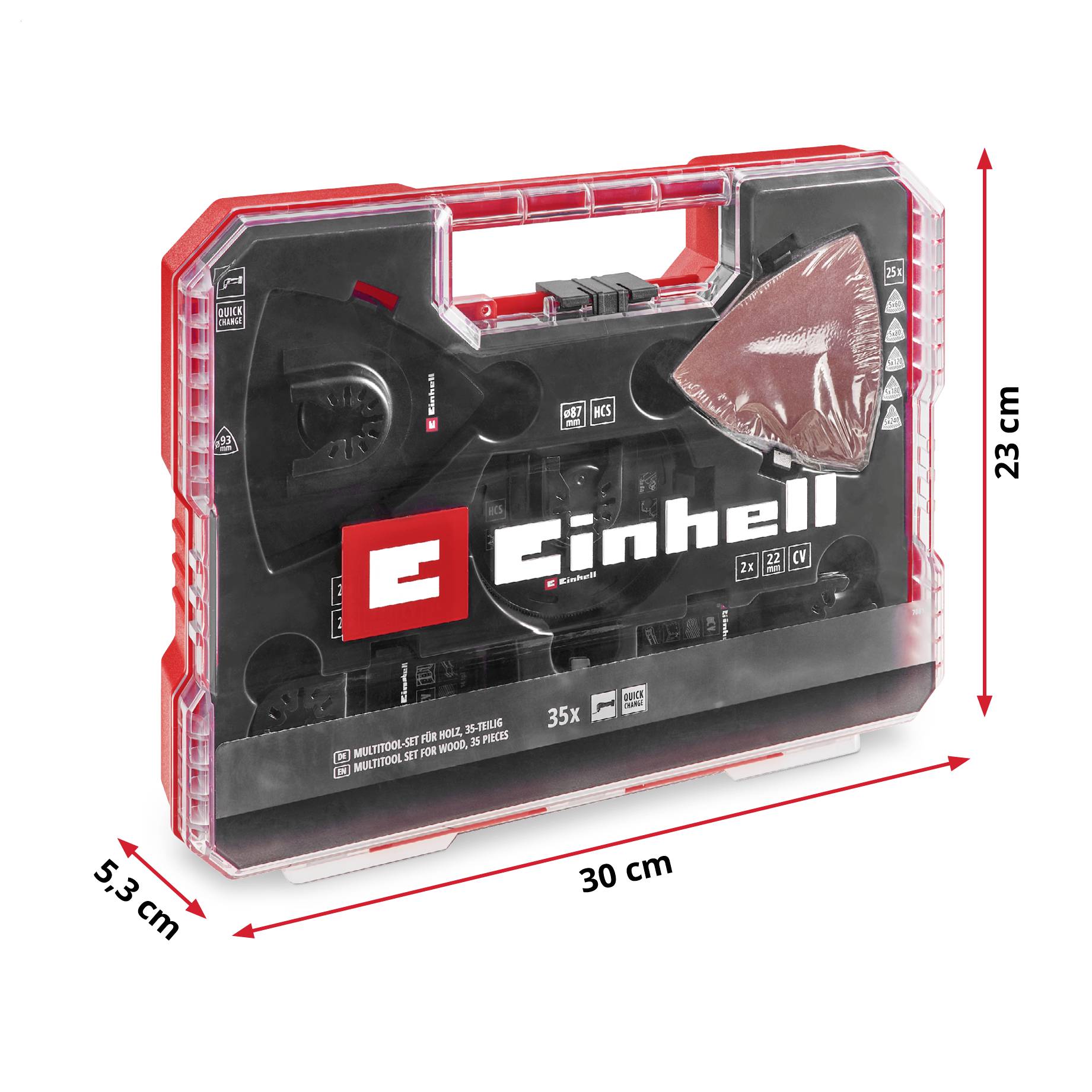 Mallette à outils 'Einhell' avec 35 pièces d'accessoires, dimensions : 30 cm x 23 cm x 5,3 cm. Contient des feuilles abrasives et autres accessoires pour outils.