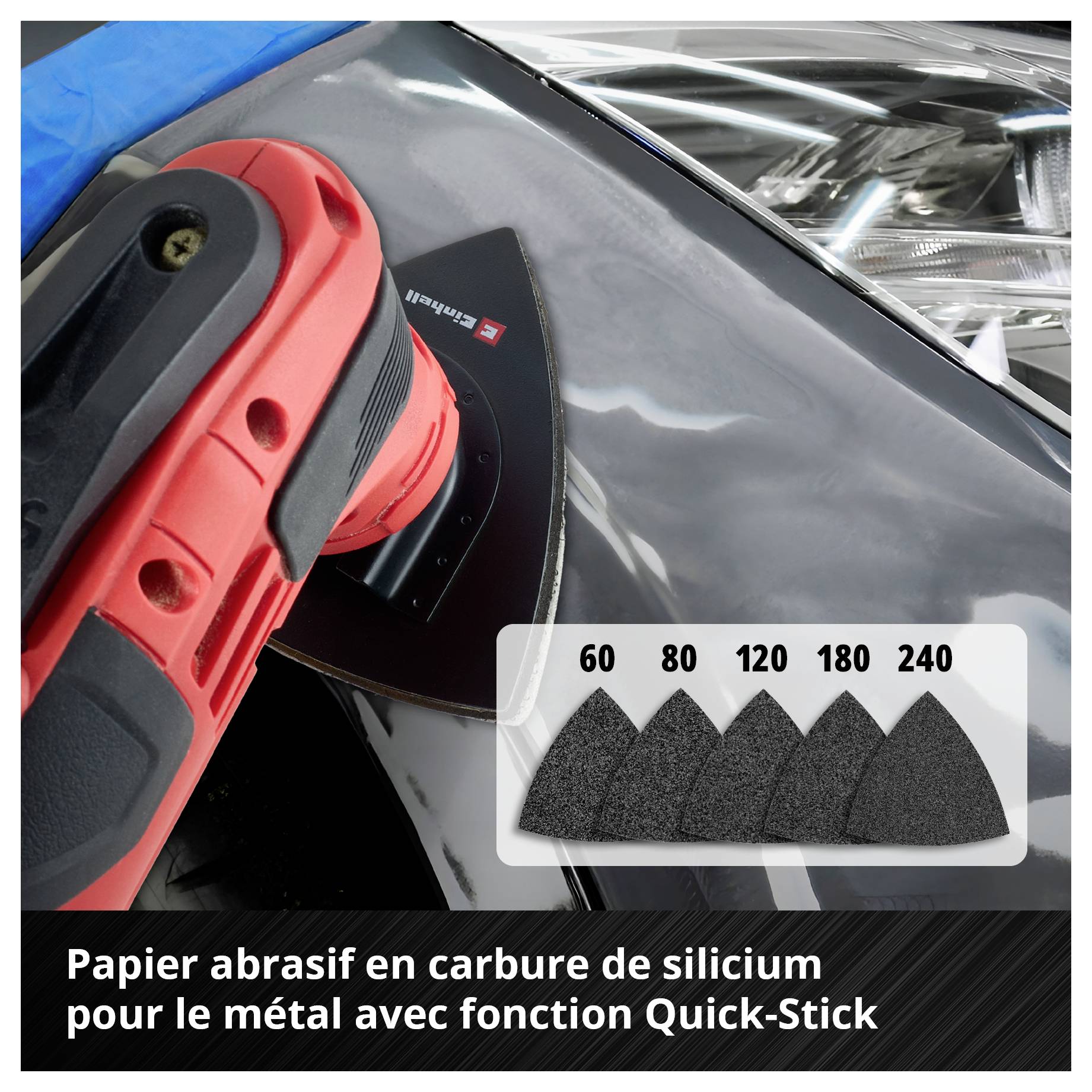 Meuleuse avec papier abrasif en carbure de silicium pour métal, fonction Quick-Stick pour ponçage grossier à fin, granulométrie 60-240