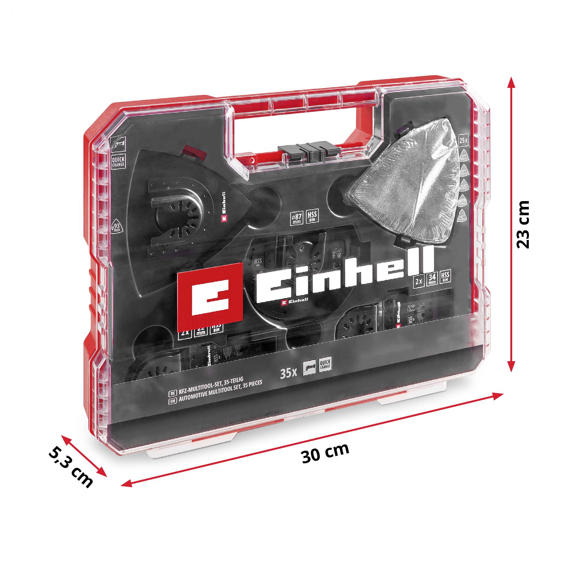 Un ensemble de plastique rouge avec le logo « Einhell », contenant 35 pièces pour outils multifonctionnels. Présenté avec les dimensions : 30x23x5,3 cm.