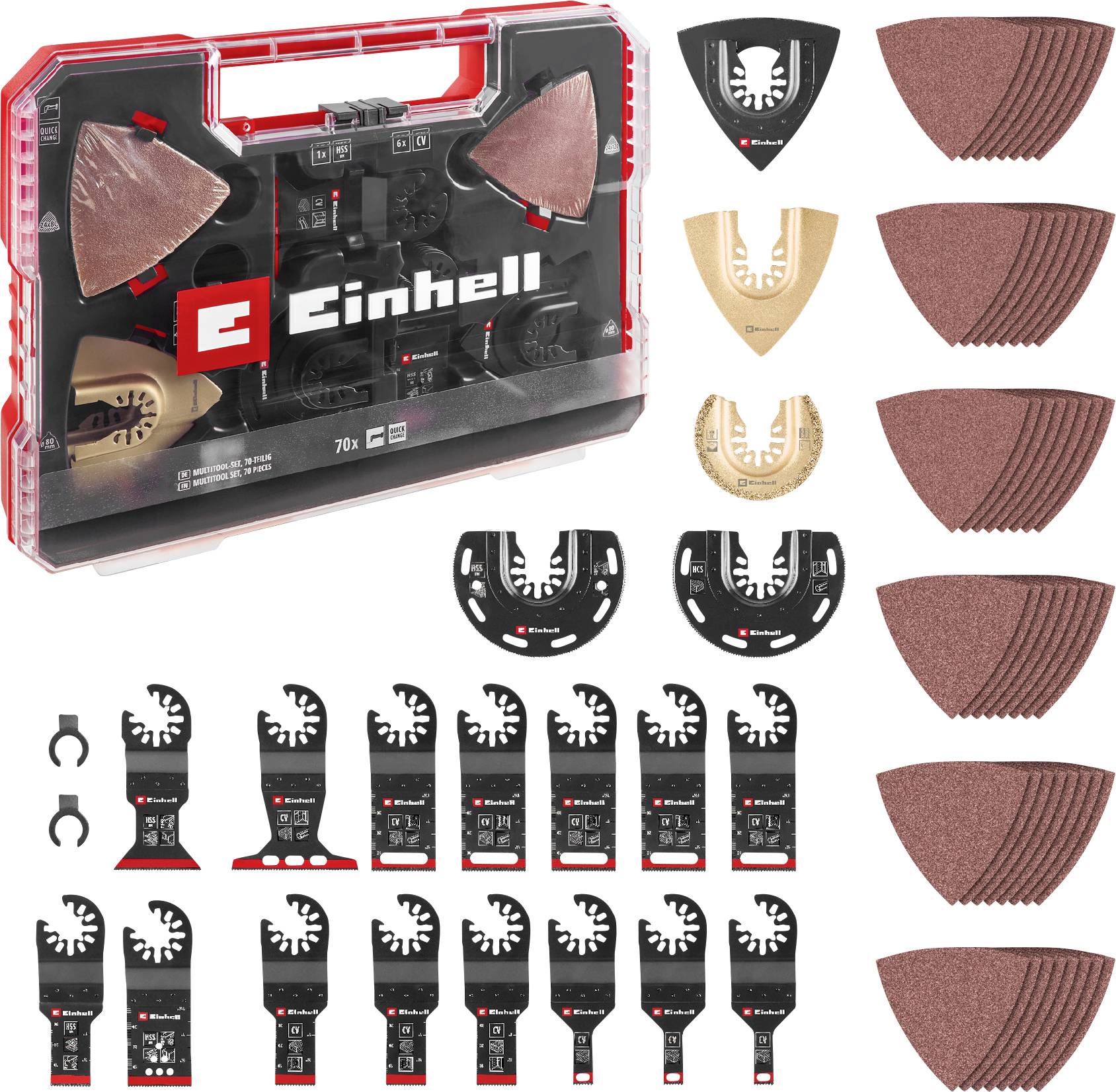 Ensemble d'outils Einhell avec mallette de transport, comprenant diverses lames de scie et papiers de ponçage dans différentes formes et tailles.