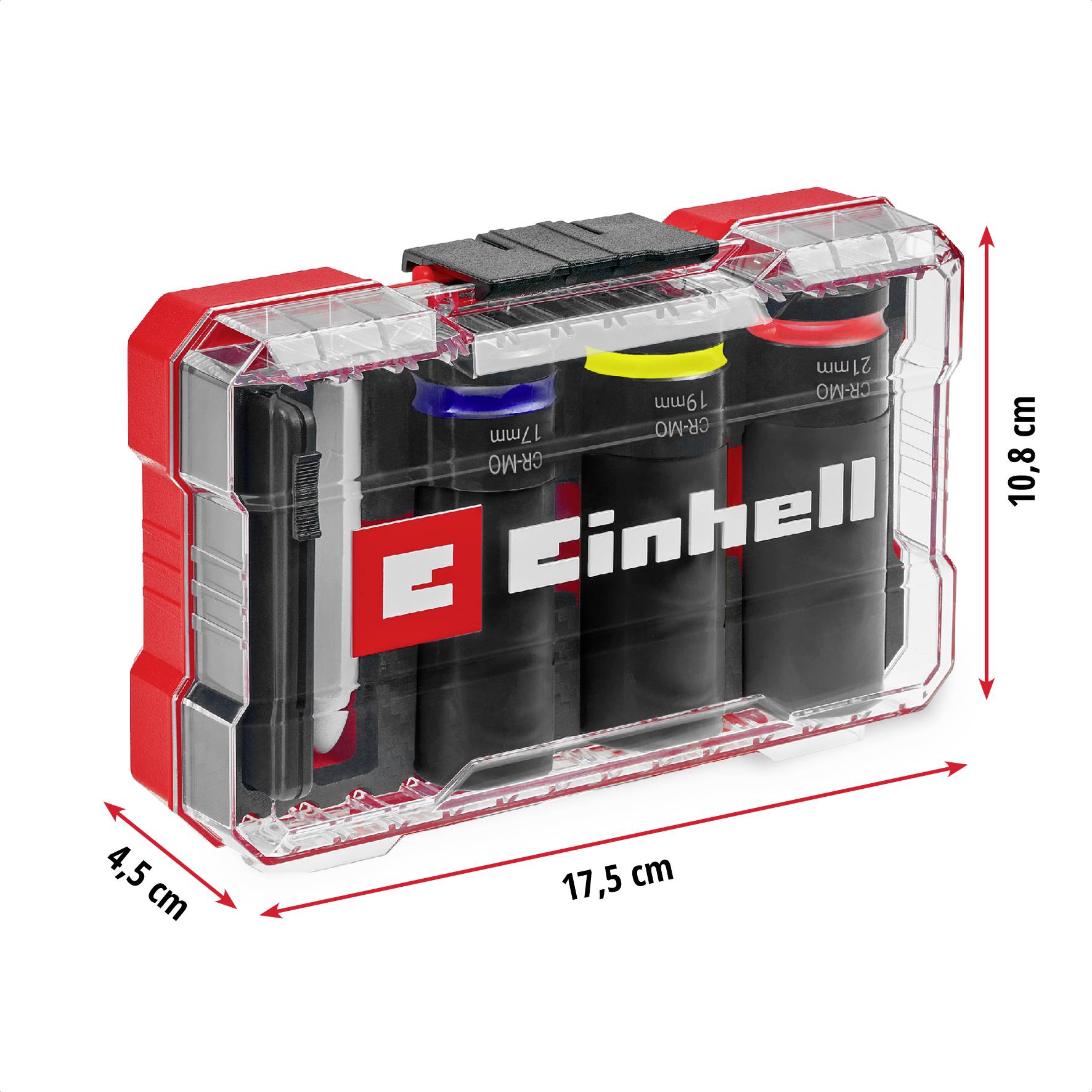 Un récipient en plastique contenant quatre batteries, étiqueté 'Einhell'. Les dimensions sont : 17,5 cm de large, 10,8 cm de haut, 4,5 cm de profondeur.