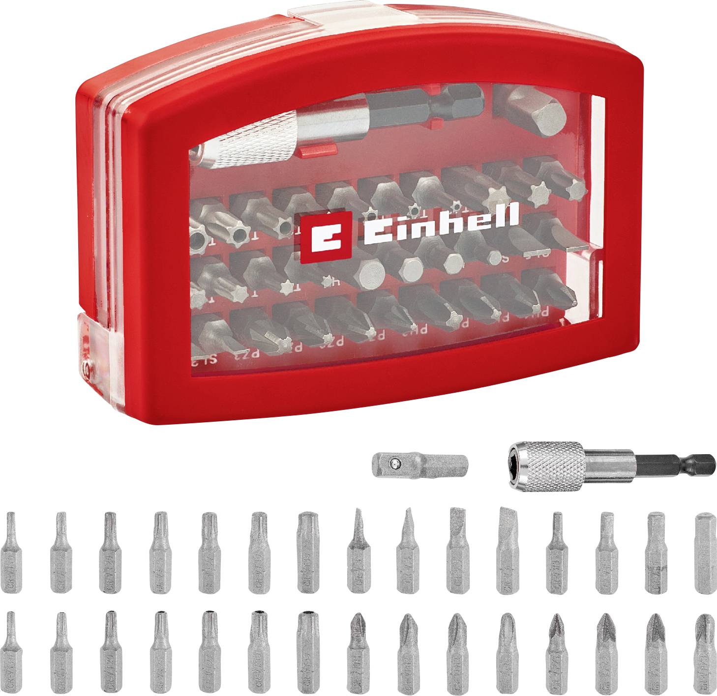 Ensemble de Bits 'Einhell' de 32 pièces dans un étui rouge. Contient divers embouts de tournevis et adaptateurs, idéal pour les travaux de bricolage.