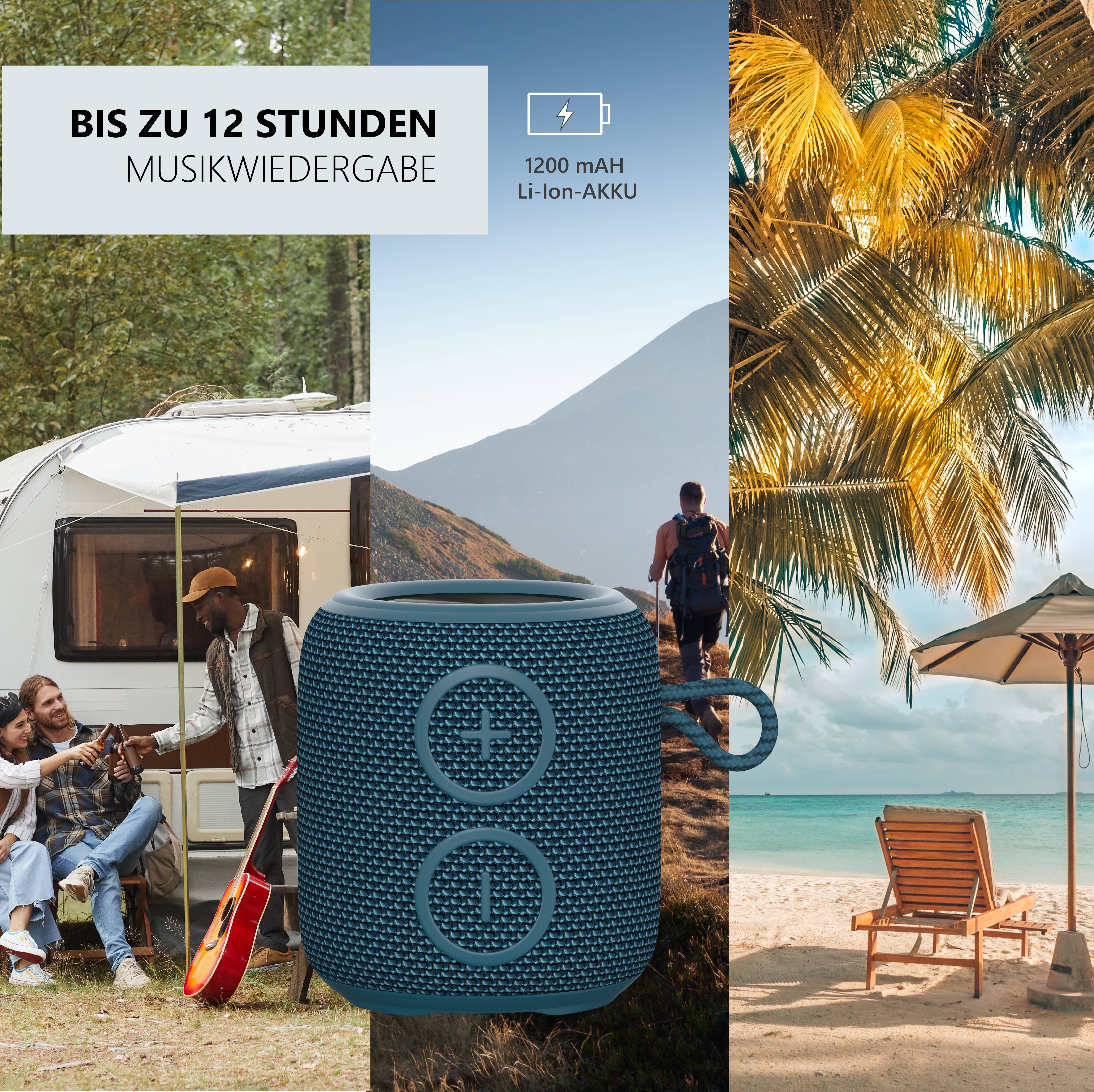 Enceinte Bluetooth portable avec batterie Li-Ion de 1200 mAh offrant jusqu'à 12 heures de lecture musicale. L'image montre un environnement naturel et de vacances.