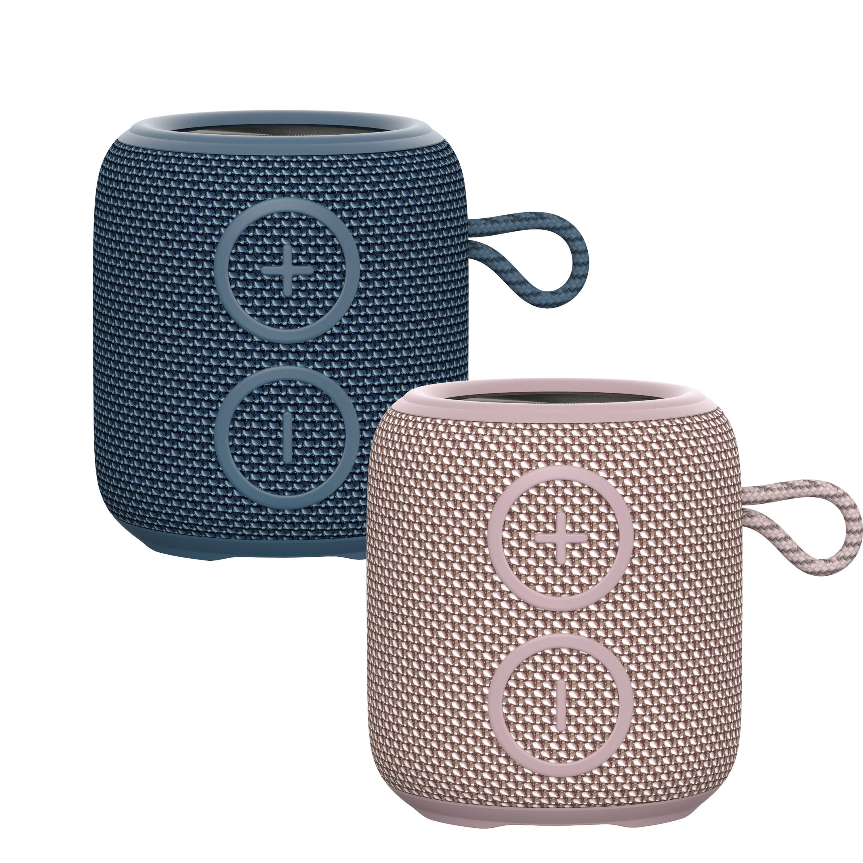 Deux enceintes portables recouvertes de tissu, l'une en bleu et l'autre en rose, équipées de grandes touches plus et moins pour régler le volume.