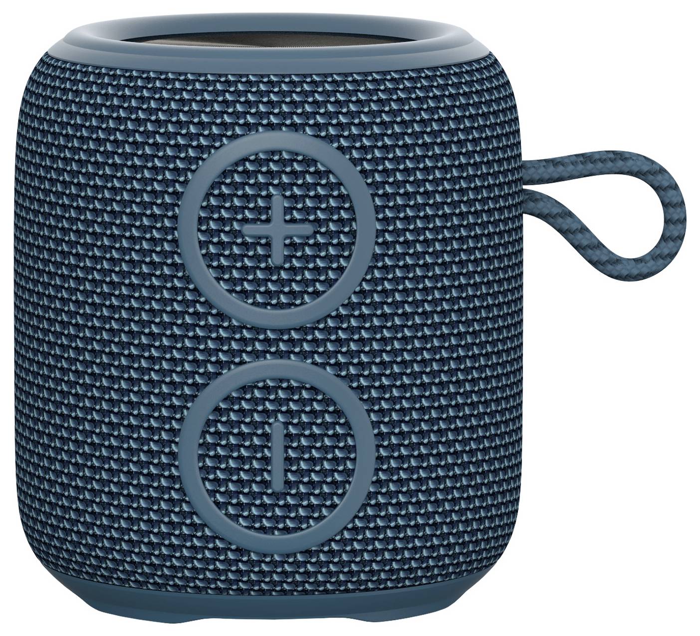 Enceinte Bluetooth portable bleue avec des touches plus et moins sur l'avant et une lanière sur le côté droit.