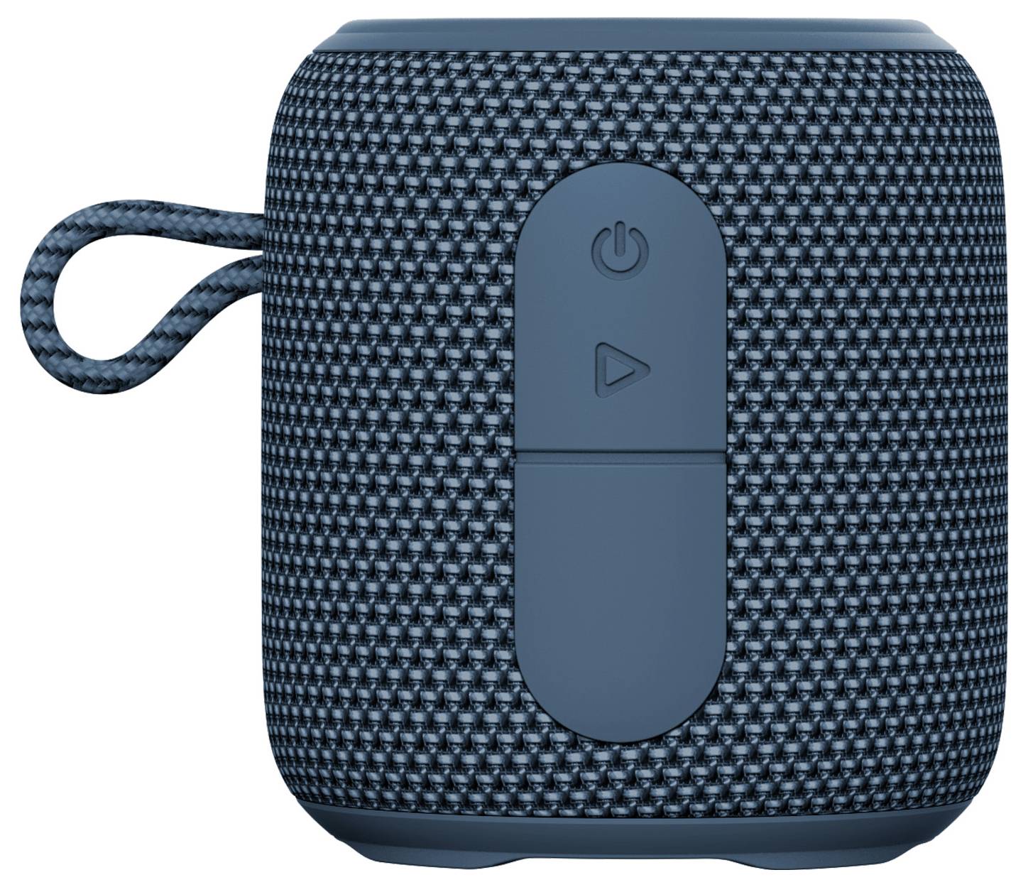 Enceinte Bluetooth portable en bleu marine avec boîtier texturé et deux boutons pour marche/arrêt et lecture/pause.