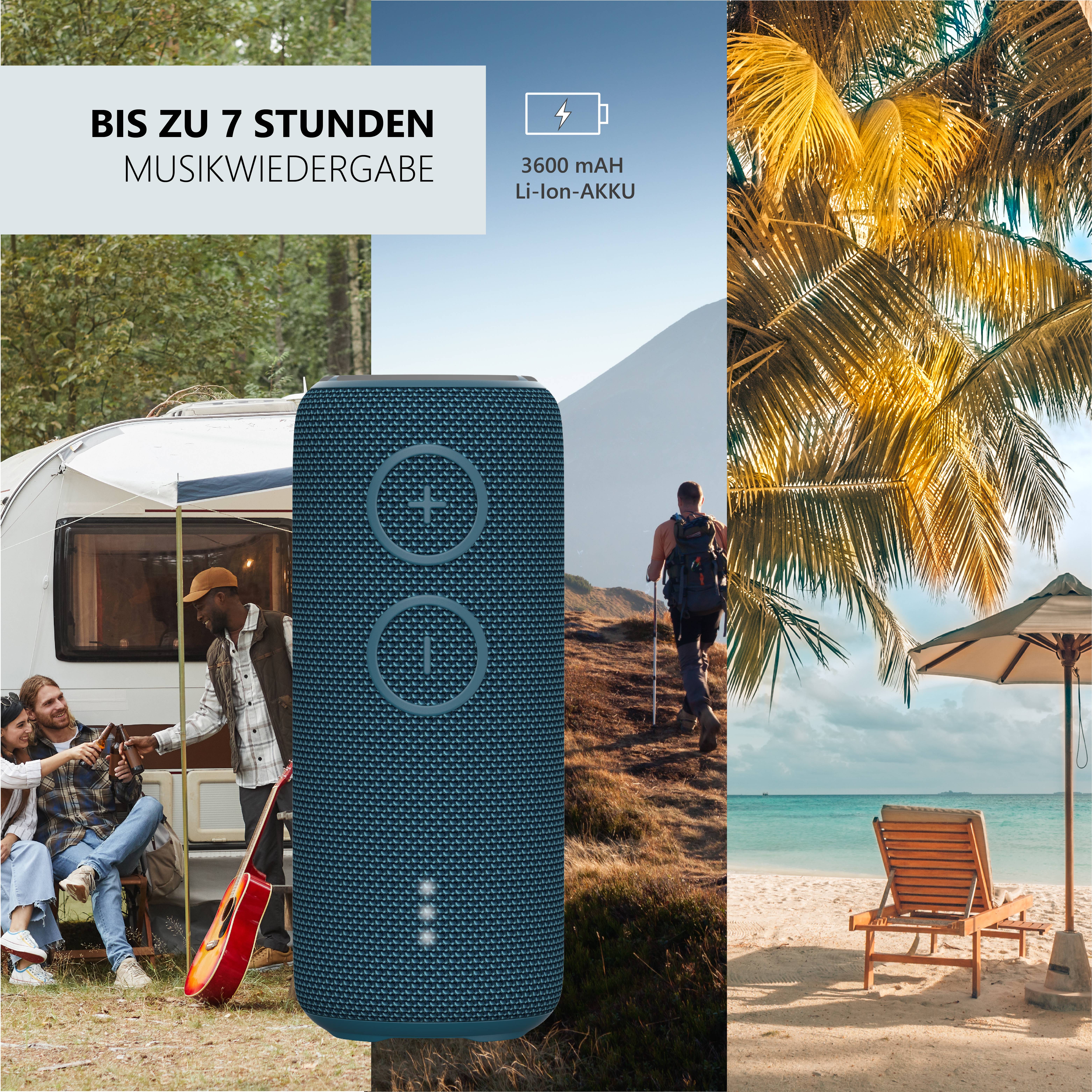 Enceinte devant une caravane, homme avec une guitare, fond de plage. Texte : 'Jusqu'à 7 heures de lecture musicale', batterie Li-Ion 3600 mAh.
