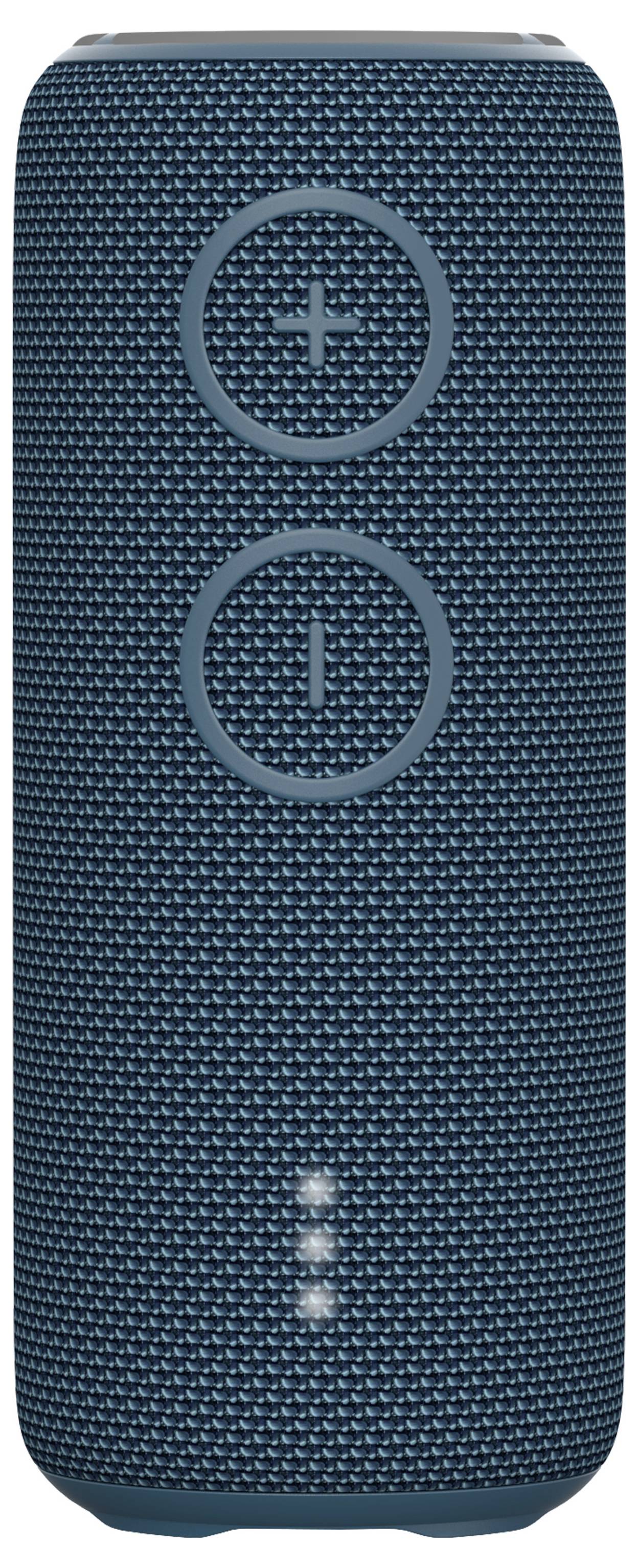 Un haut-parleur Bluetooth portable bleu avec des touches plus et moins pour régler le volume sur la façade avant.