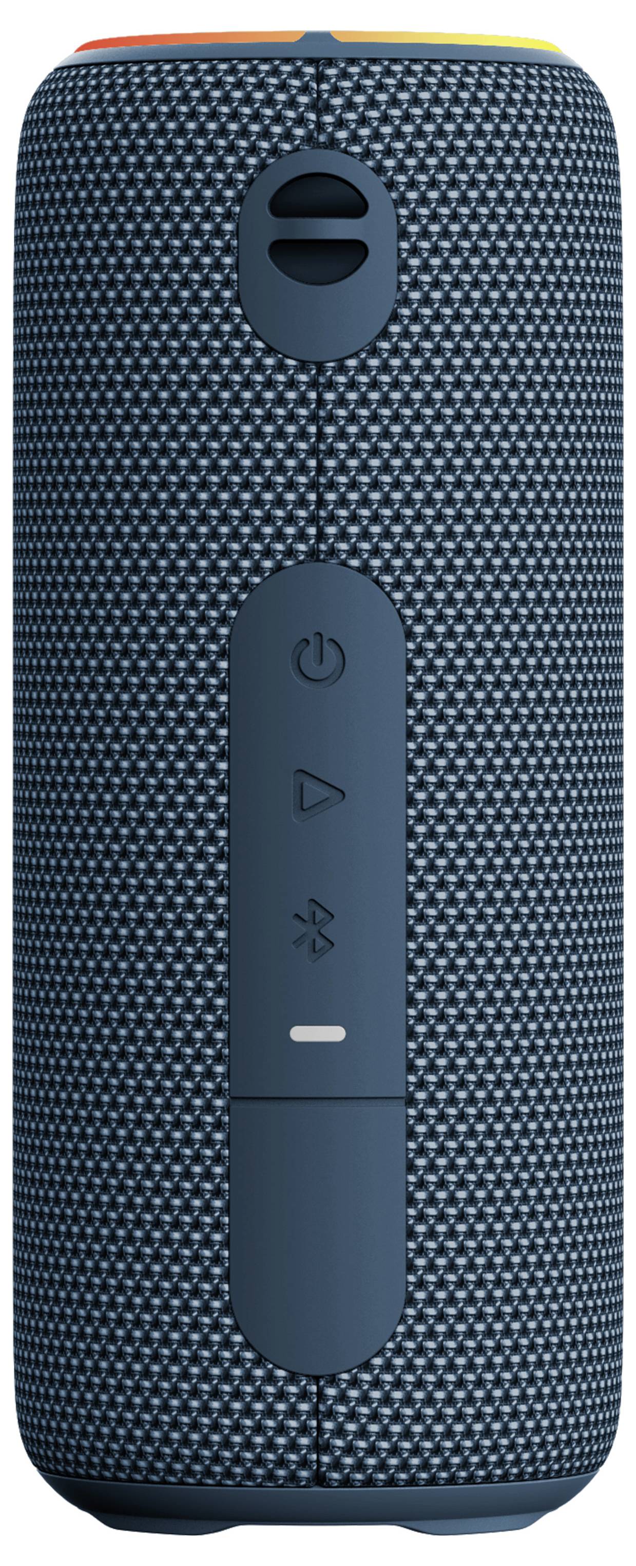 Un haut-parleur portable cylindrique de couleur bleue avec un boîtier texturé. Commandes visibles pour la mise en marche, le Bluetooth et le volume.