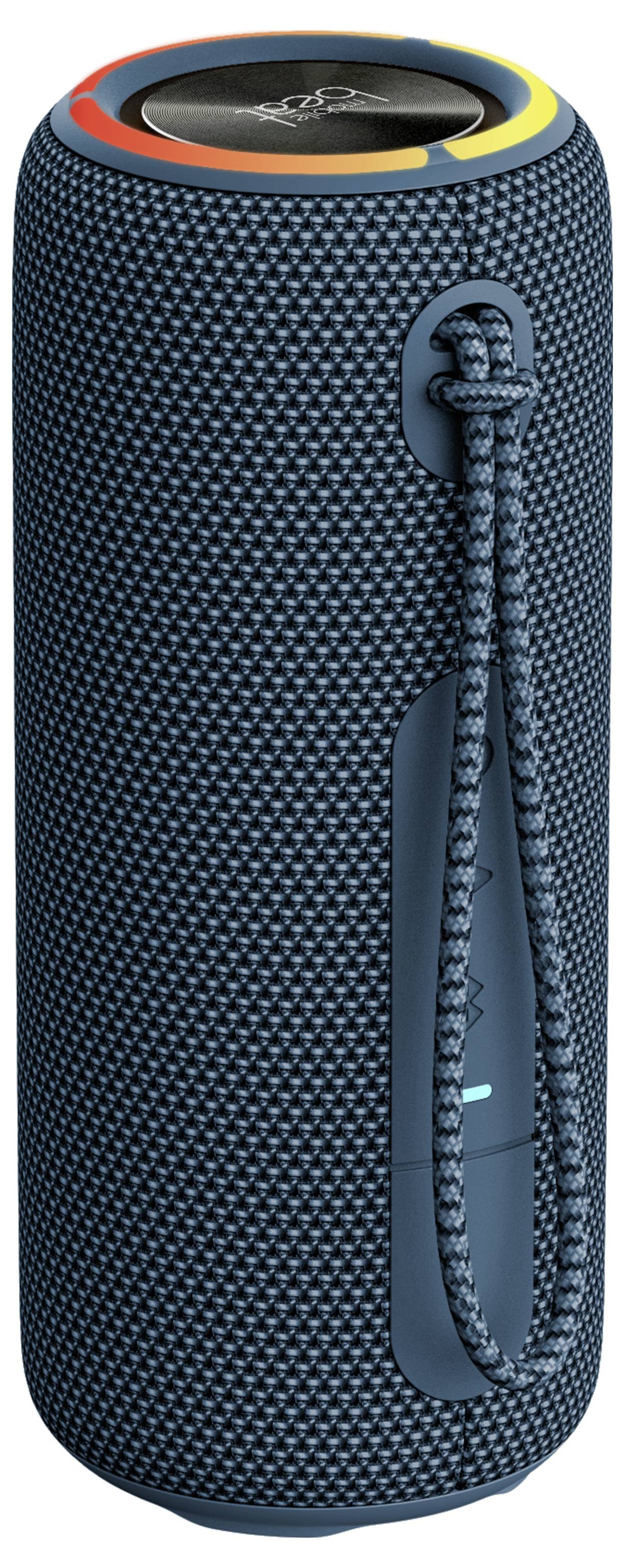 Enceinte portable bleue avec une texture rugueuse, une lanière de transport et un anneau lumineux sur le dessus.