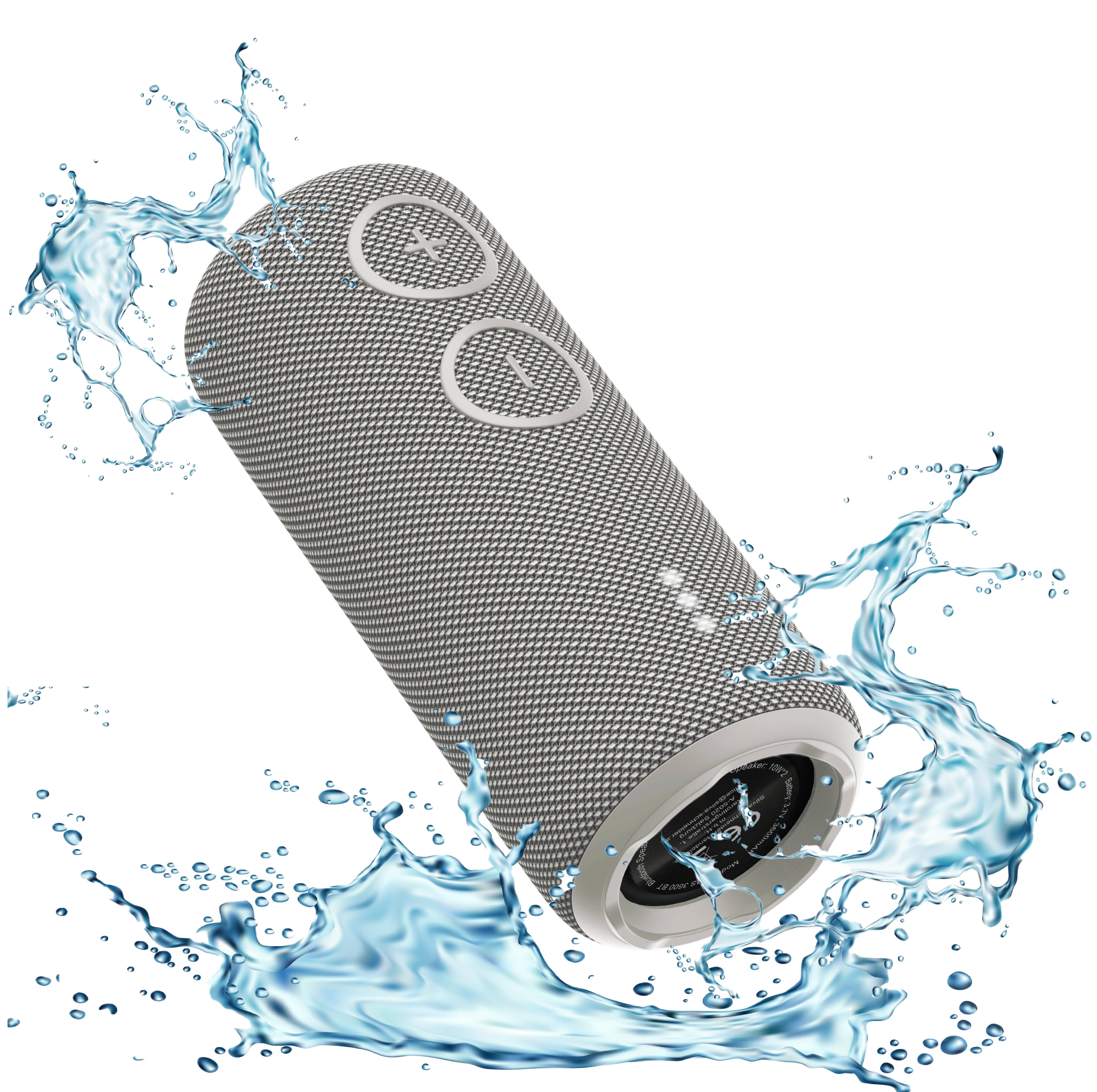 Enceinte portable entourée de projections d'eau, démontrant sa résistance à l'eau.
