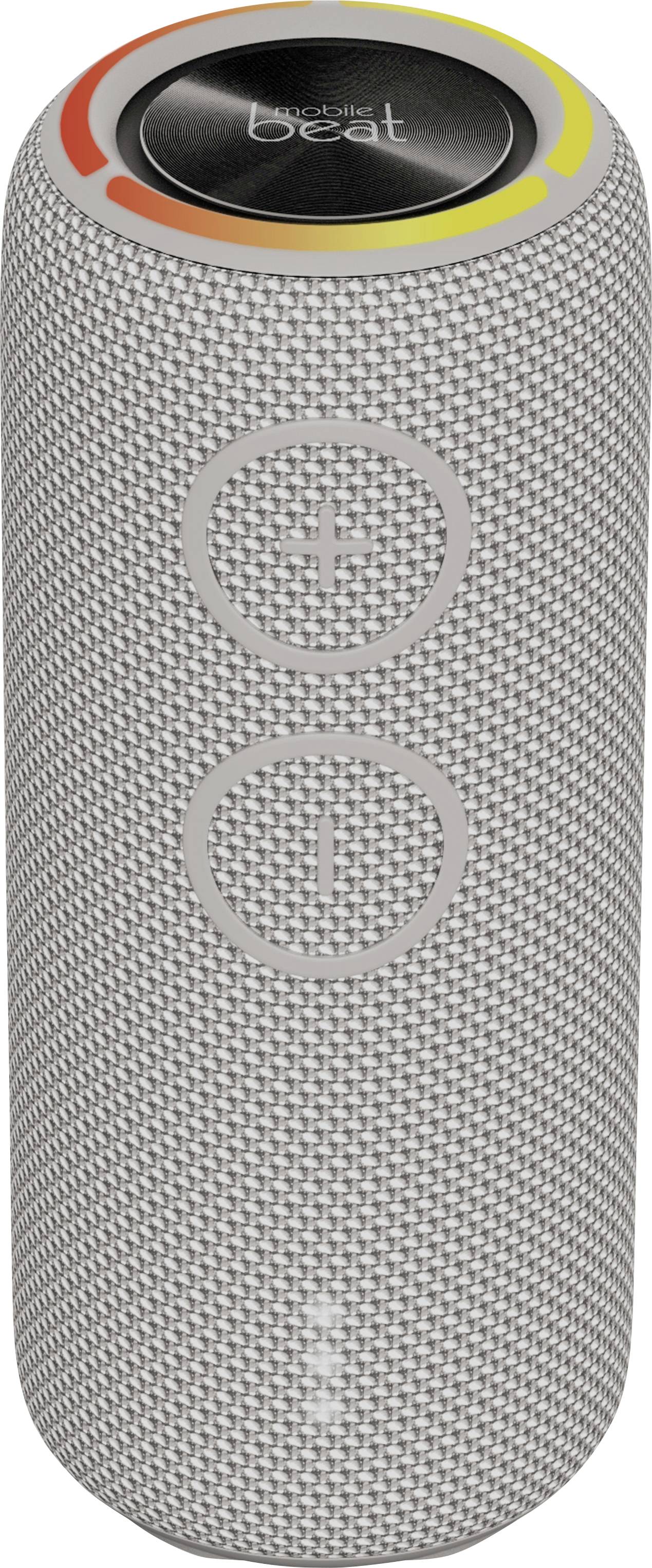 Enceinte portable grise avec des boutons de volume verticaux en haut et un anneau LED coloré.